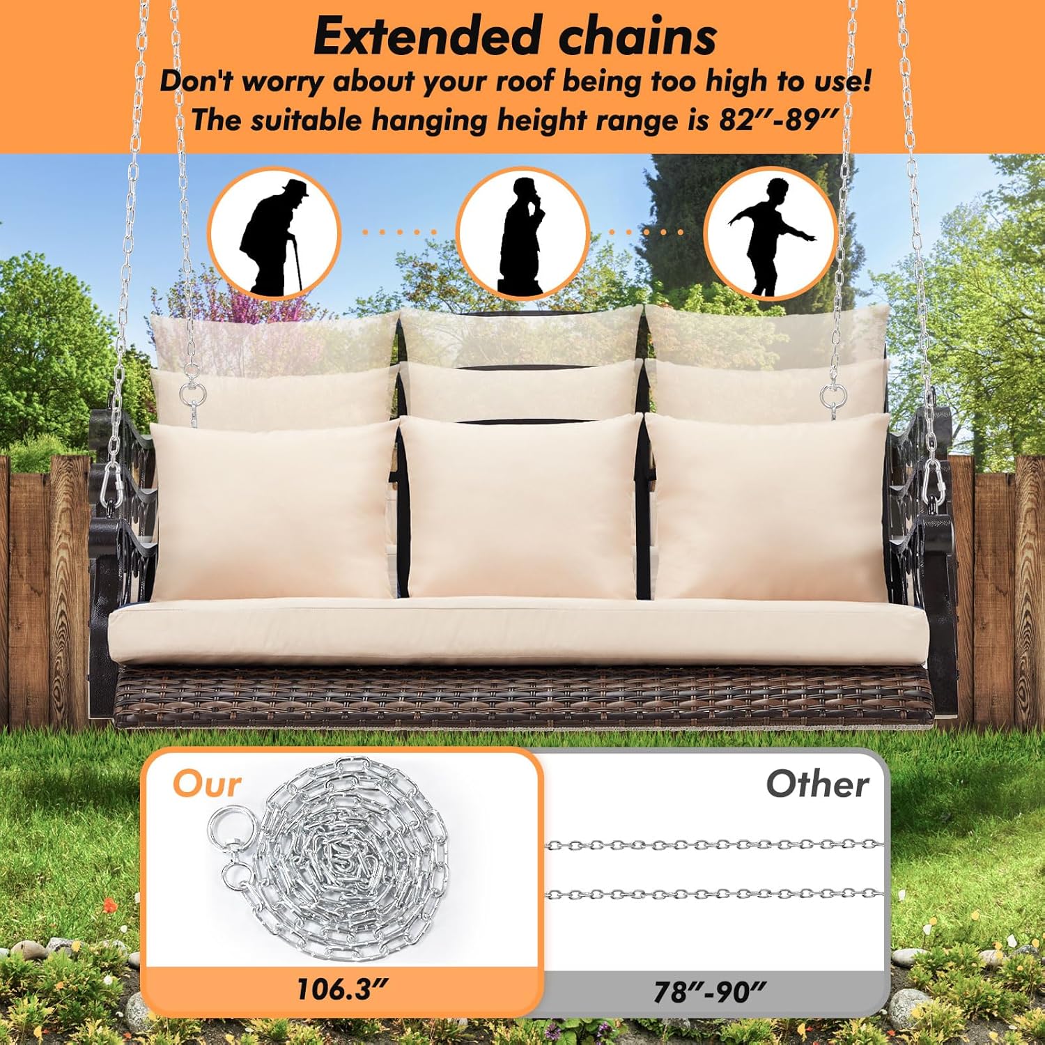 ZZW 3-Person Wicker Porch Swing Chair Heavy Duty 900 LBS Outdoor Rattan Patio Swing Chair w/Cup-Holder & Steel Chains Hanging Bench Porch Swing Cushions for Deck & Backyard & Garden