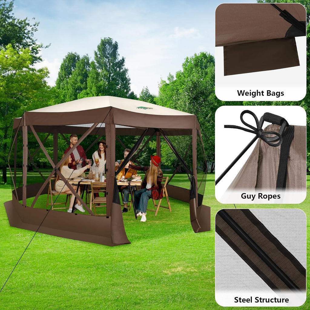 COBIZI Pop Up Gazebo Screen Tent Screen House for Camping, 15x15 Screen Room with Mosquito Netting, Hub Tent Instant Screened Canopy with Carrying Bag and Ground Stakes, Brown
