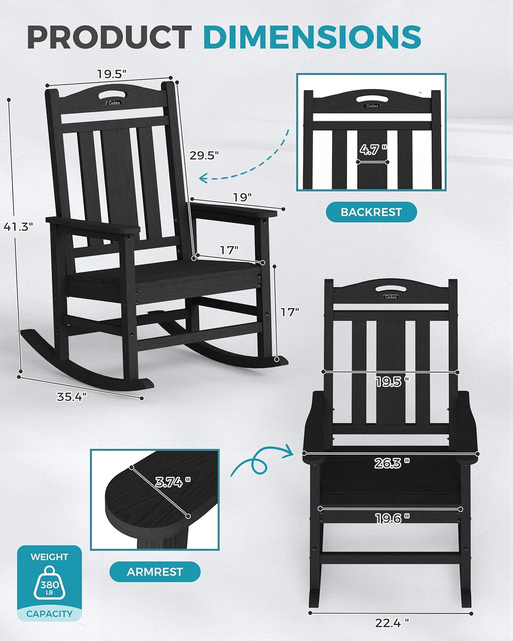 Ciokea Oversized Outdoor Rocking Chairs Set of 6, 380lbs Heavy-Duty Large Patio Rocker, High Back Cozy Porch Chairs, Weather Resistant Patio Rocking Chairs for Outside, Fire Pit, Deck, Black