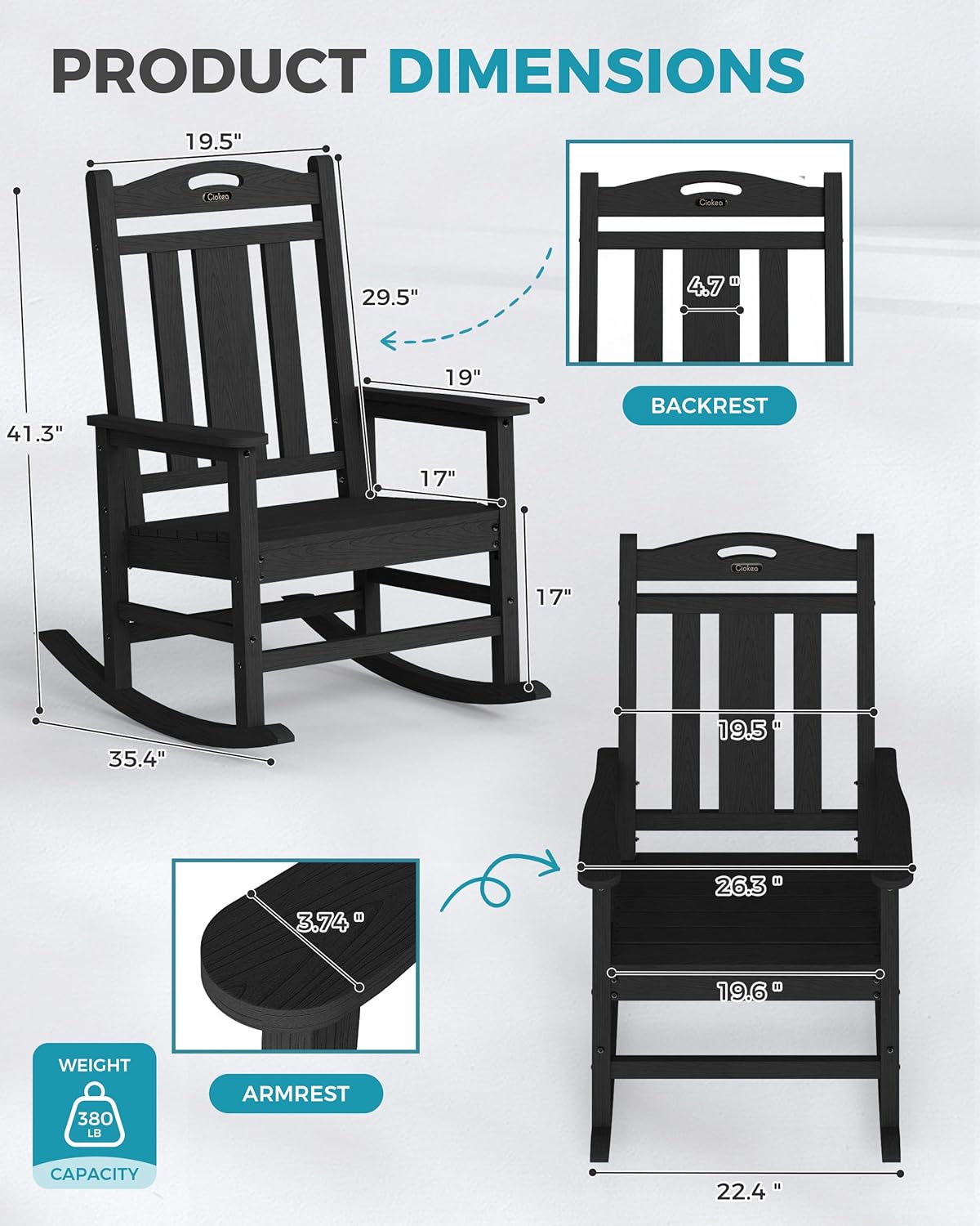 Ciokea Oversized Outdoor Rocking Chairs Set of 6, 380lbs Heavy-Duty Large Patio Rocker, High Back Cozy Porch Chairs, Weather Resistant Patio Rocking Chairs for Outside, Fire Pit, Deck, Black