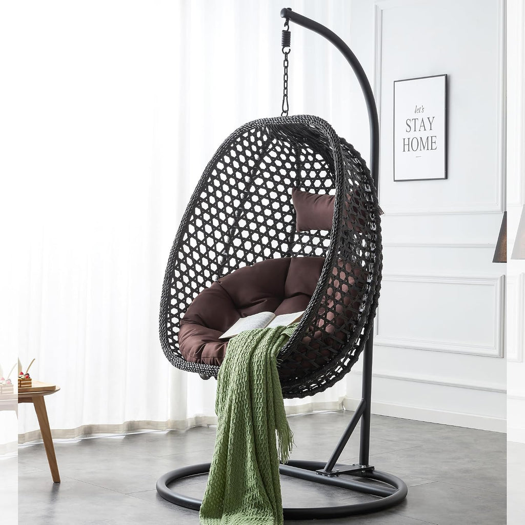Egg Swing Chair with Stand Outdoor Indoor, Hanging Egg Chair with Cushions and Pillow,300lbs Capacity for Porch, Patio, Bedroom, Balcony, Black