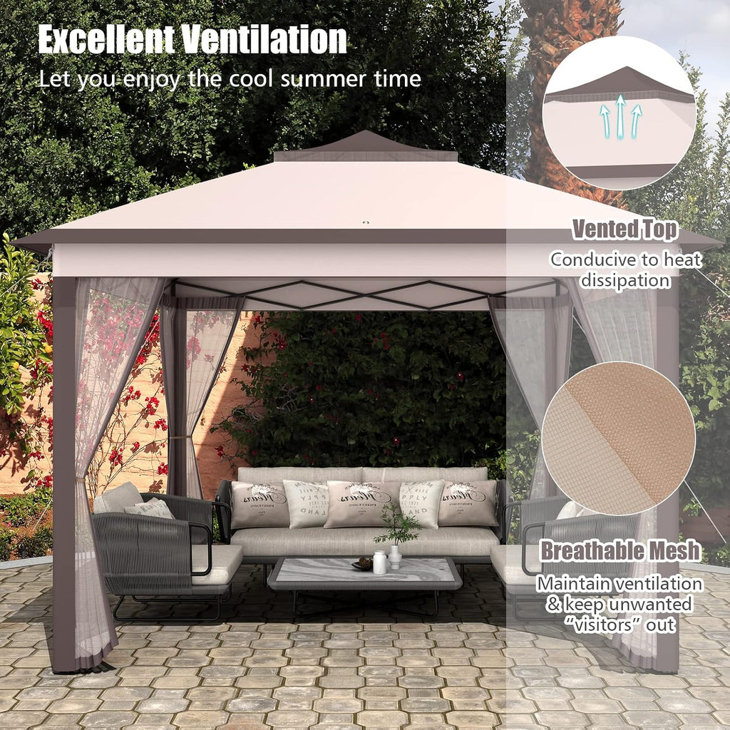 Tangkula 11x11 Ft Pop up Gazebo, 2-Tier Patio Gazebo with Netting, Carry Bag, Easy Set up Outdoor Gazebo with 121 Square Feet of Shade for Backyard, Deck, Poolside (Beige)