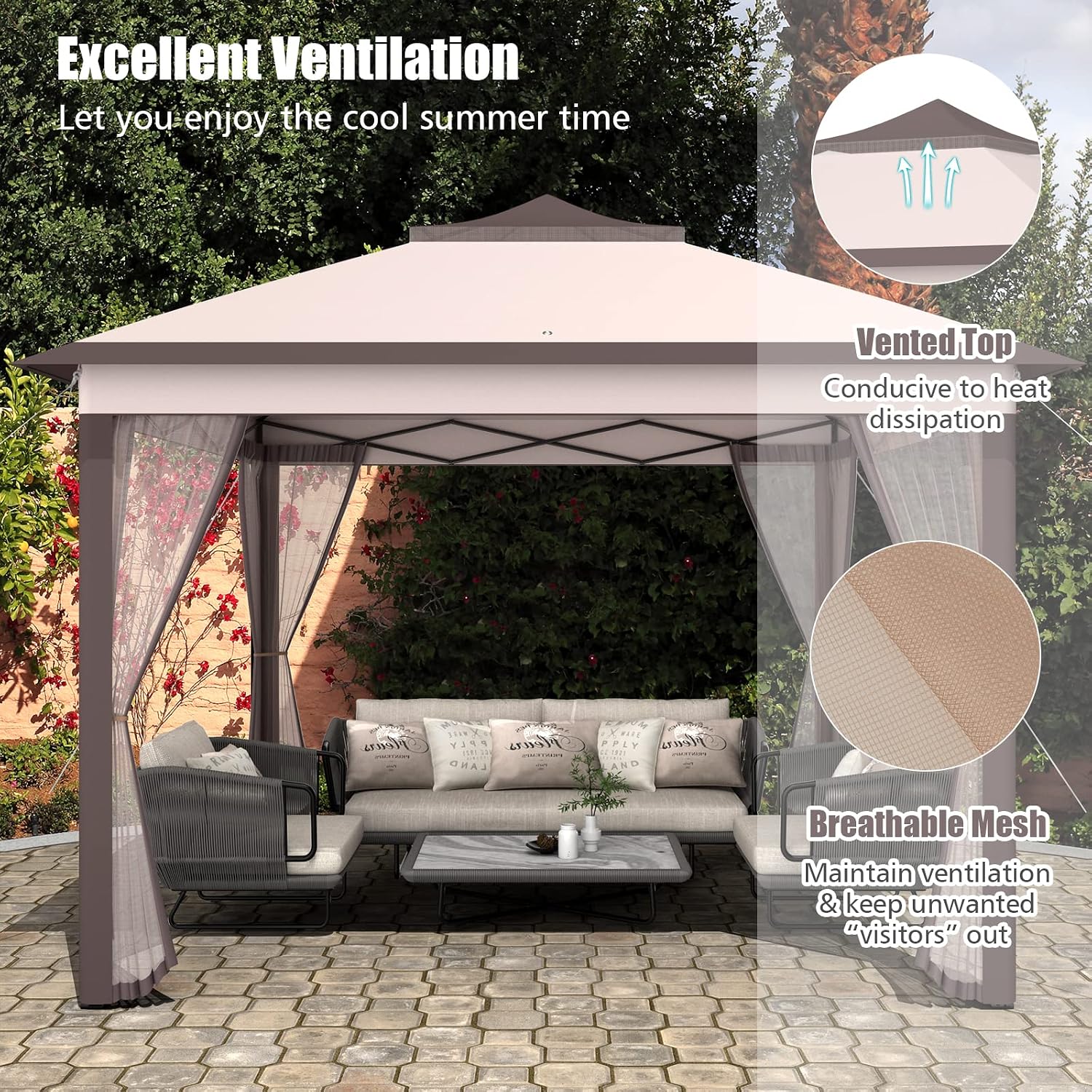 Tangkula 11x11 Ft Pop up Gazebo, 2-Tier Patio Gazebo with Netting, Carry Bag, Easy Set up Outdoor Gazebo with 121 Square Feet of Shade for Backyard, Deck, Poolside (Beige)