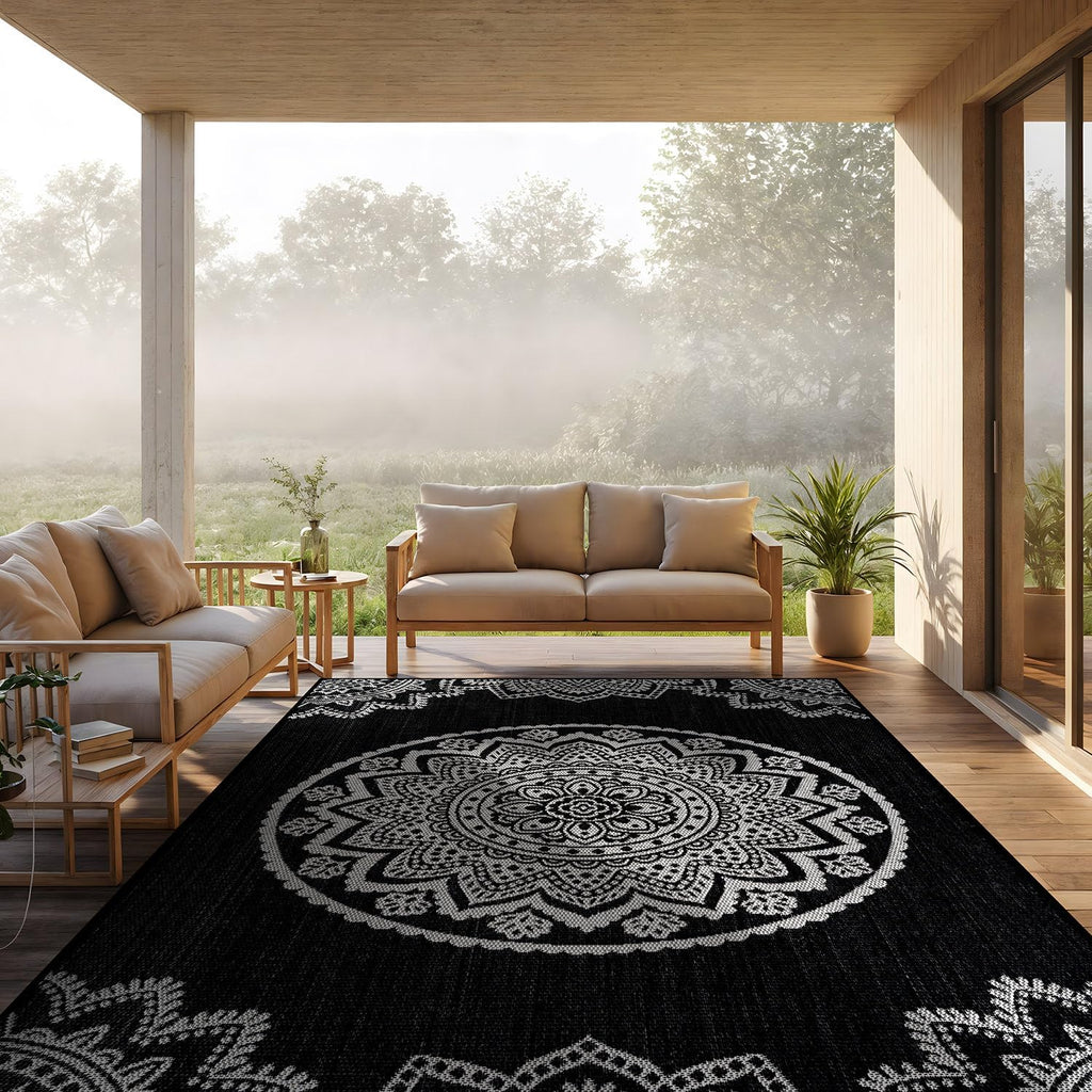 CAMILSON Outdoor Rug 9x12 Modern Large Area Rugs for Indoor and Outdoor Patios and Porches - Waterproof Washable Non-Shedding Easy-to-Clean Outside Carpet (9 x 12 Medallion - Black/White)