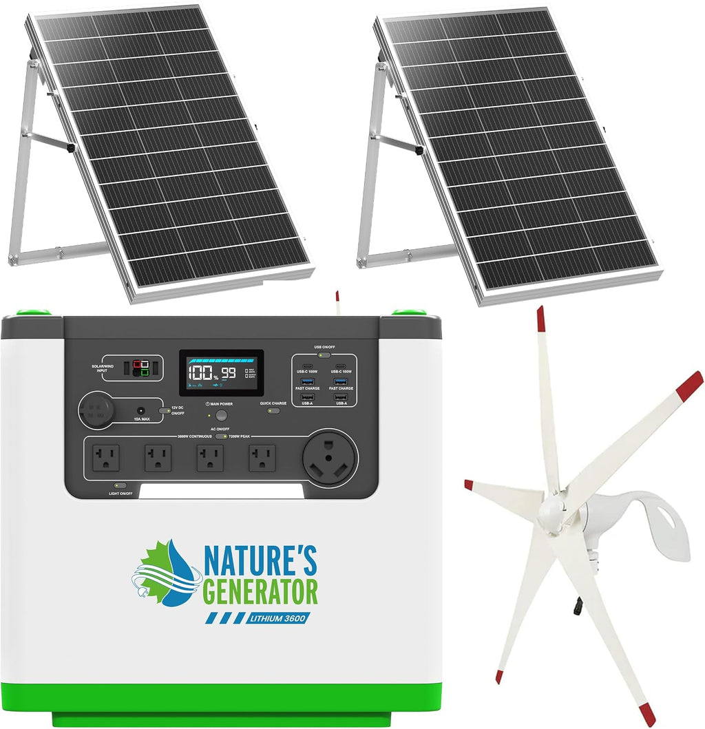 Nature's Generator Lithium 3600 Gold WE,1 x Lithium 3600W Generator + 2x 100w Panels + 50' Cable + Wind Turbine