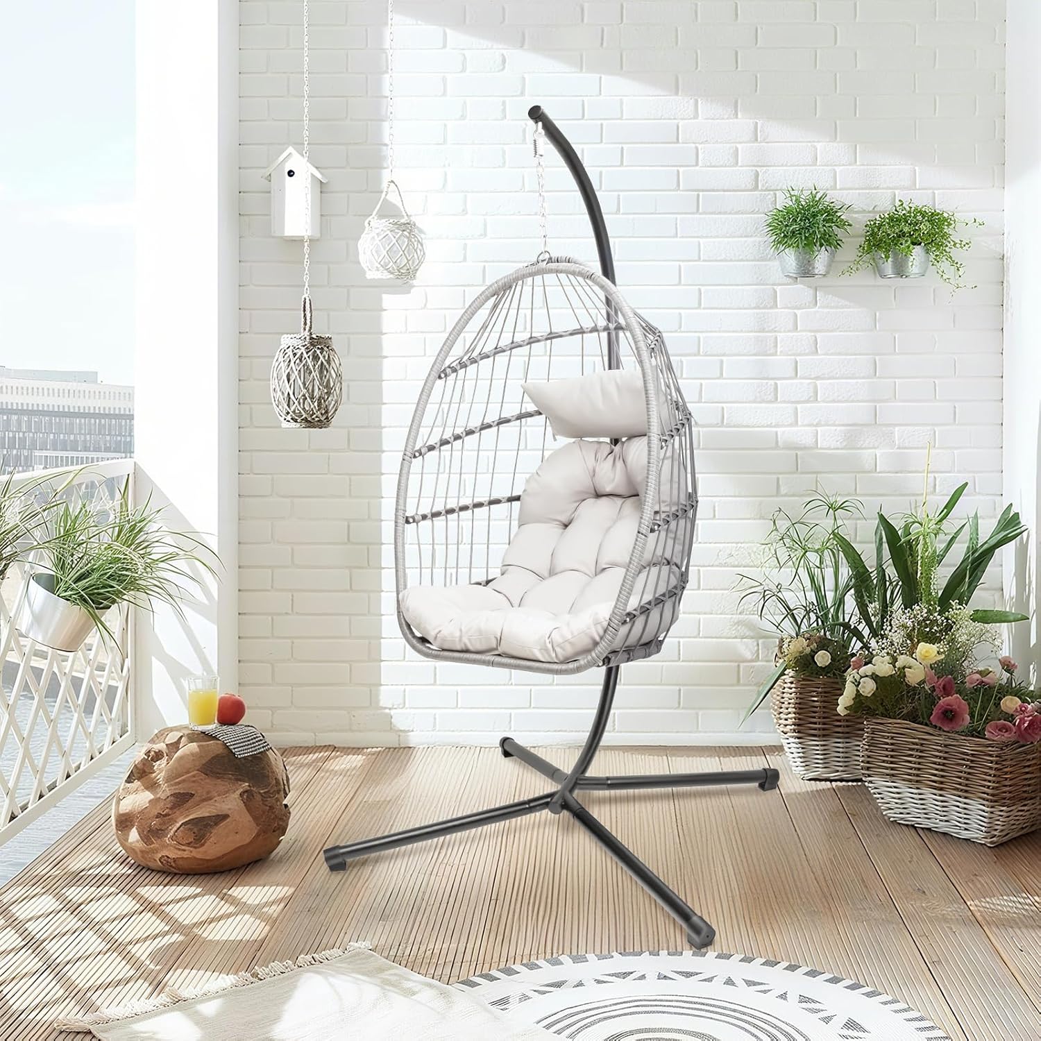 Hanging Egg Chair with Stand, Patio Wicker Hammock Egg Swing Chair with Cushion for Bedroom Garden Indoor Outdoor