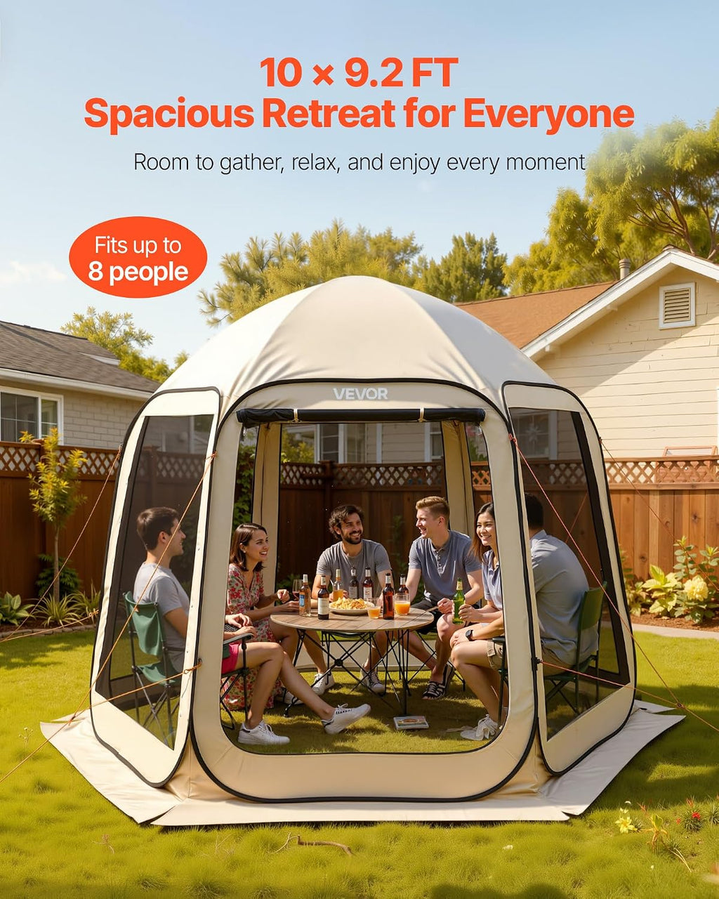 VEVOR Pop up Screen House Tent, 10 x 9.2 ft, 4-8 Person Screen Gazebo, Portable Screened in Canopy with Carry Bag, Netting Sides, Ground Stakes, for Garden, Patio, Backyard, Outdoor Activities, Beige