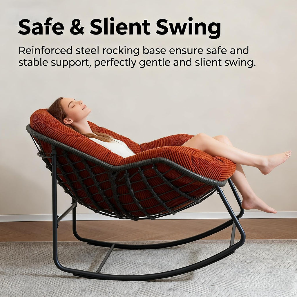 Oversized Outdoor Papasan Rocking Chair with Soft Cushion, Comfy Patio Egg Chair, Wicker Lounge Rocker for Balcony/Porch/Garden, Reinforced All Weather Rattan Frame, 330 lbs Support, Burnt Orange