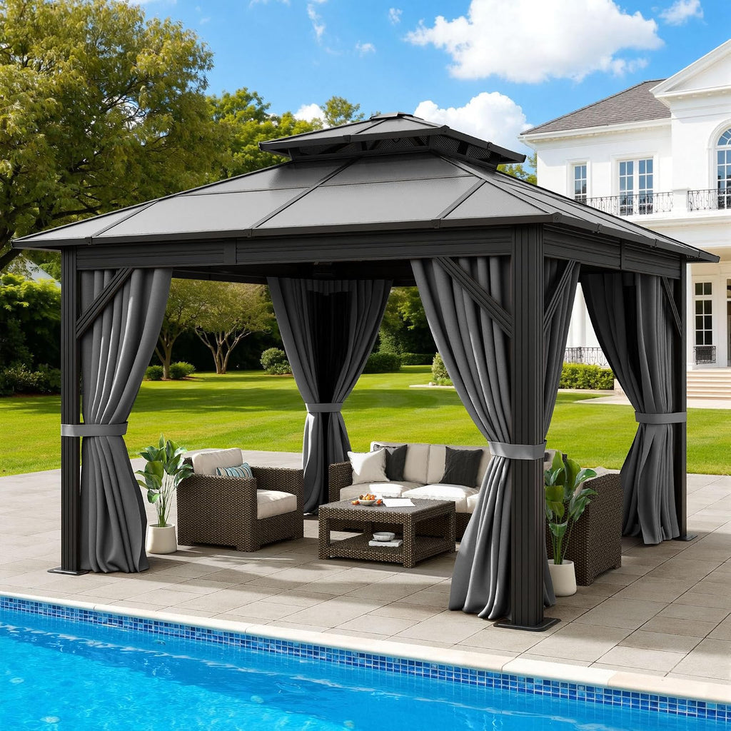 DWVO 10x10ft Gazebo Hardtop Double Roof Polycarbonate Canopy Outdoor with Netting and Shaded Curtains, Metal Frame Garden Tent for Patio, Backyard, Deck and Lawns, Gray