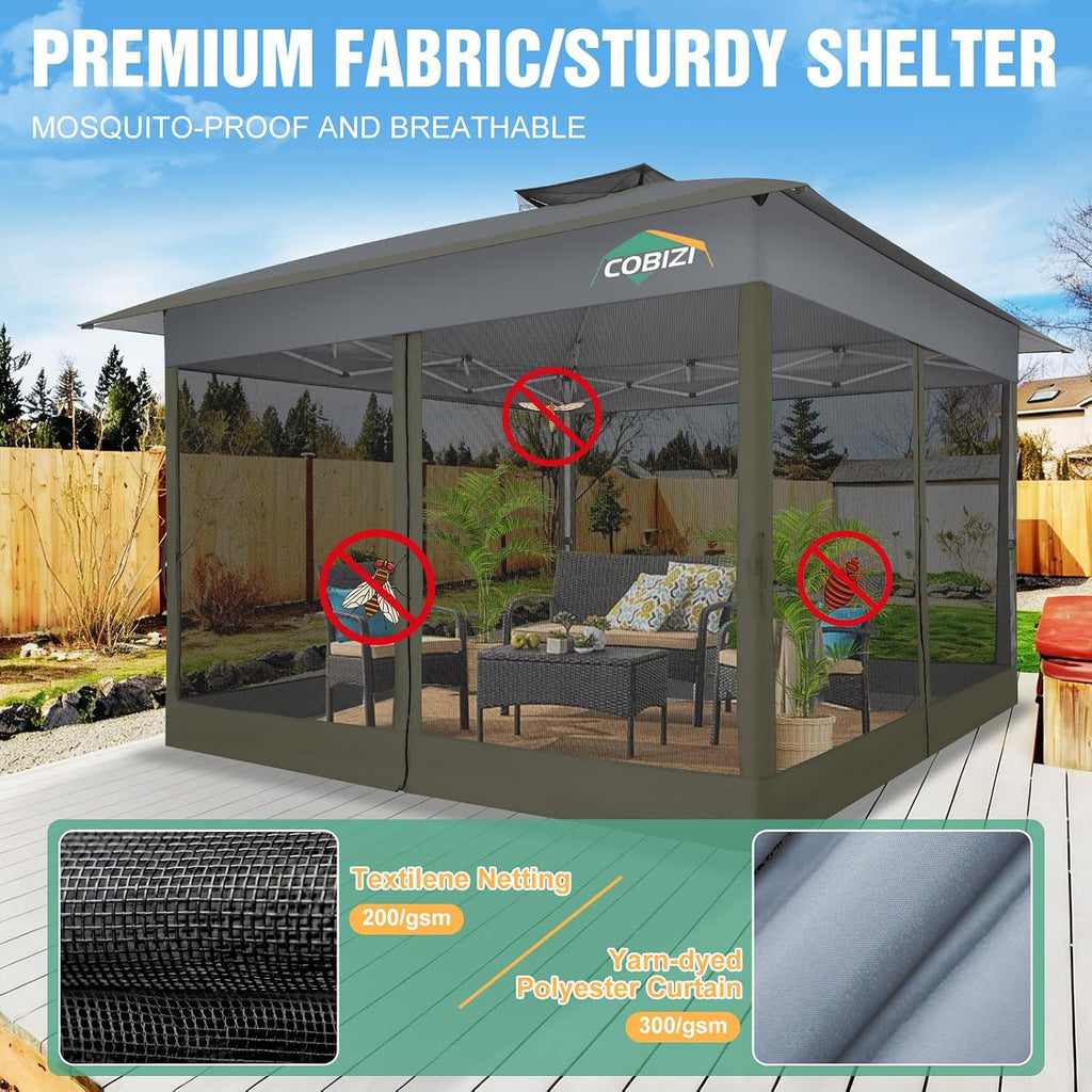 COBIZI 13x13 Pop Up Canopy Tent-Gazebos On Clearance Upgrade Metal Outdoor Canopy Waterproof - Portable Gazebo with Mosquito Nettings, 4 Ropes 8 Stakes and Carry Bag for Patio Garden(Gray)