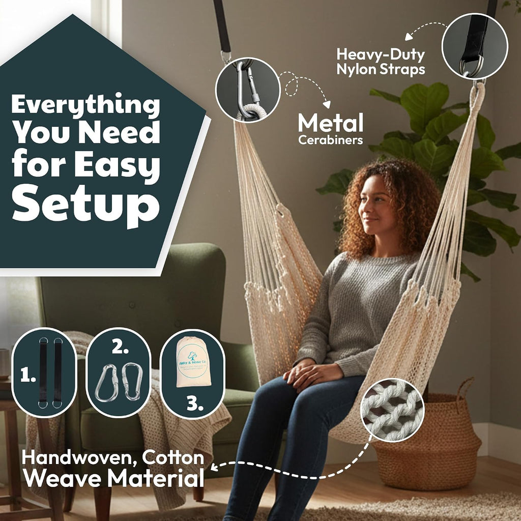 Abby & Noah Natural Handwoven Cotton Sensory Swing for Kids & Adults | Autism ADHD Therapy Swing with Hug-Like Calming Effect | Indoor Hanging Sensory Hammock | Holds Up to 300 lbs (Large-108 x75)