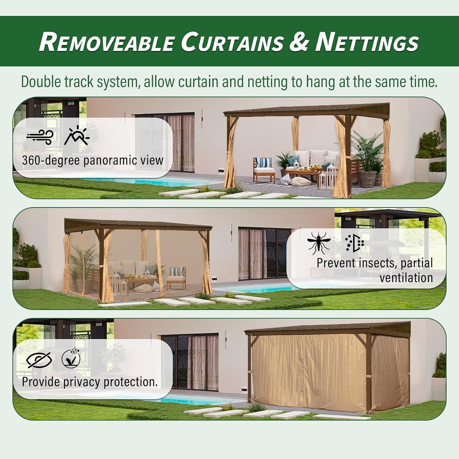 Domi 12' x 14' Lean to Gazebo with Aluminum Frame, Wall Mounted Gazebo Hardtop Galvanized Steel Sloping Roof with Curtains and Netting for Patio Deck Backyard Lawn Party