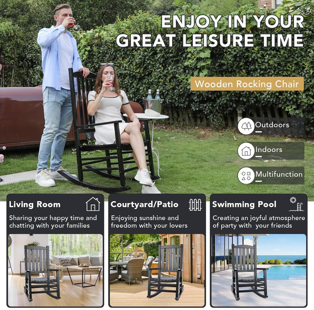 Wooden Outdoor Rocking Chair, Oversized Patio Rocking Chair w/400lbs Support & High Backrest | Porch, Lawn, Garden, Backyard，Black