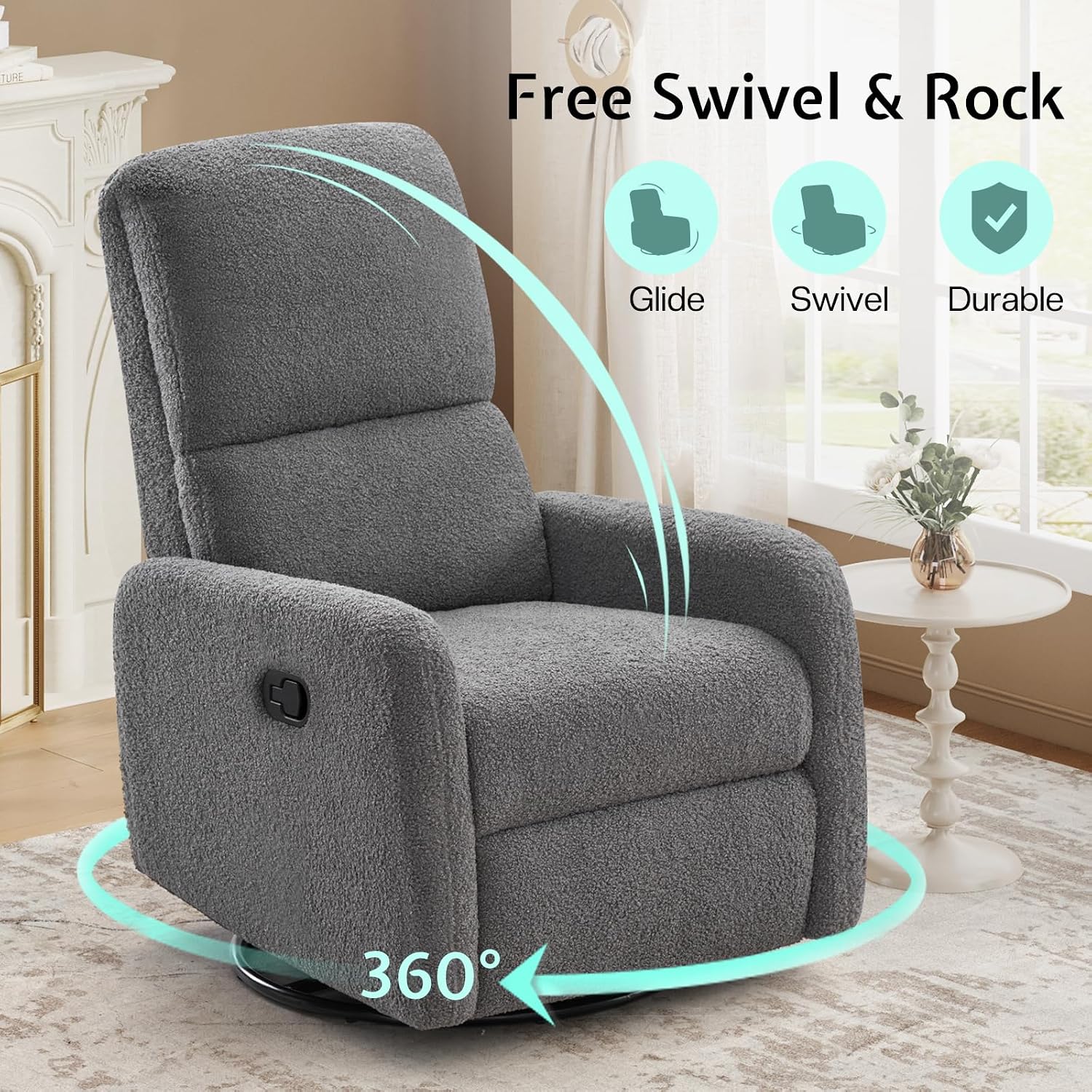 Jocisland Swivel Rocker Recliner Chair for Adults, Nursery Rocking Reclining with High Back, Small Glider for Small Spaces/Living Room/Bedroom/Nursing, Gray Teddy (No Side Pockets)