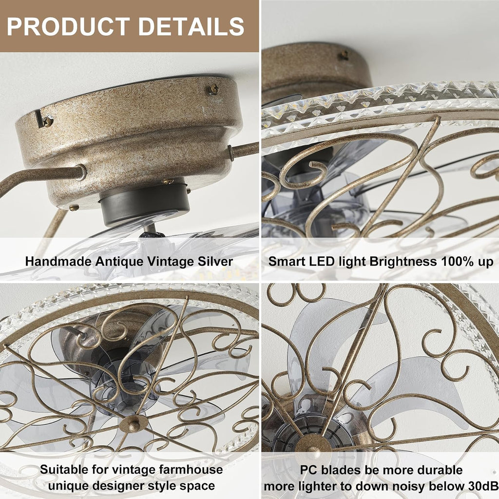 Low Profile Ceiling Fan with Lights 20' Ceiling Fan with Remote Bladeless Ceiling Fan Boho Vintage Flush Mount Ceiling Fan with Light 3 Color Smart LED Dimmable,Handmade Antique Vintage Silver
