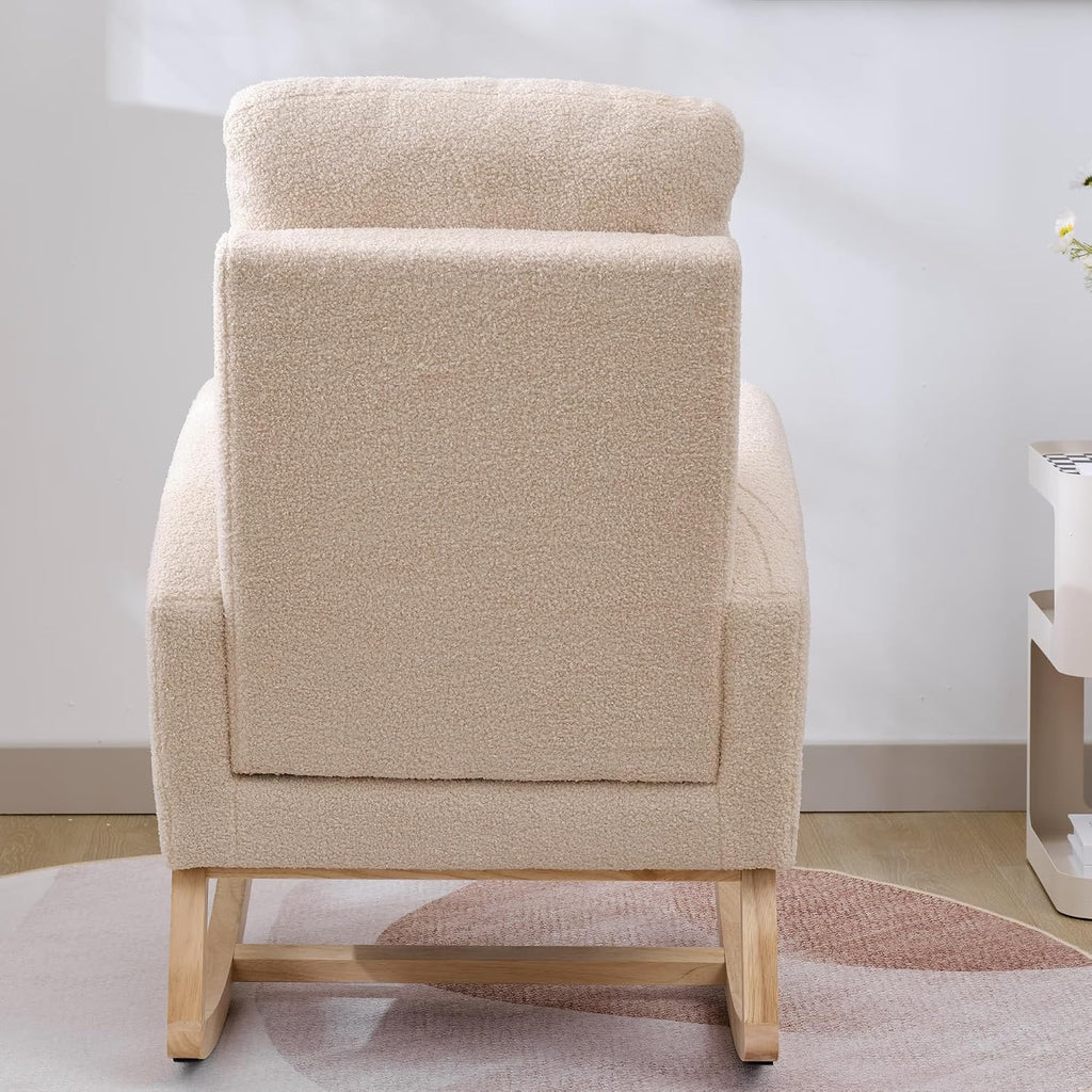 Nursery Rocking Chair with Solid Wood Legs, Glider Chair for Nursery with Side Pocket, Rocker Armchair for Living Room Bedroom (Beige, Teddy)