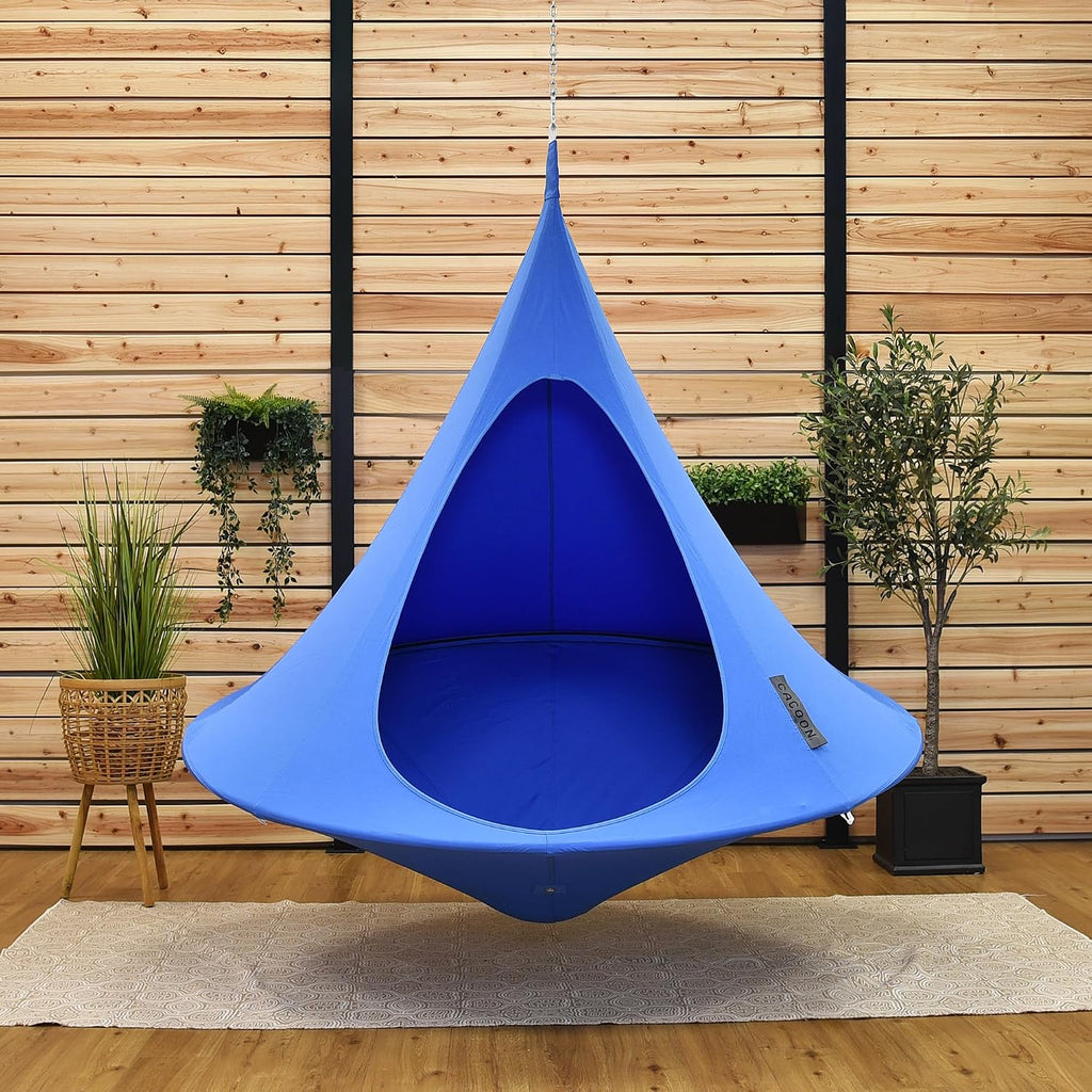 Double Cacoon Hanging Chair for Two – Cozy Indoor/Outdoor Hammock with Polyester Canvas, 440 lb Capacity, Includes 18ft Rope & Carabiner (Sky Blue)