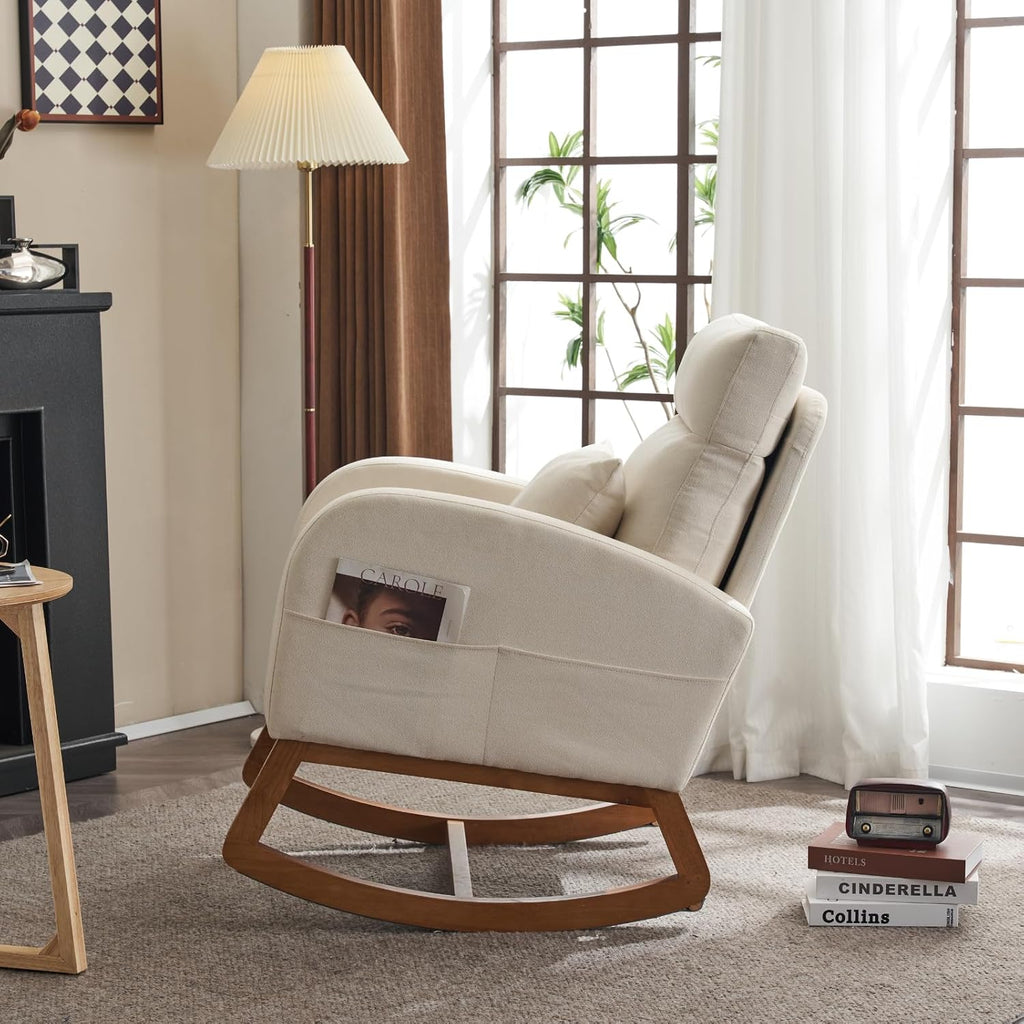 VINGLI Beige Linen Nursery Rocking Chair with Thick Headrest,Mid-Century Modern Nursing Rocker,Upholstered Glider with Curved Armrest, Sturdy Solid Wood Base for Living Room, Bedroom, Baby Room