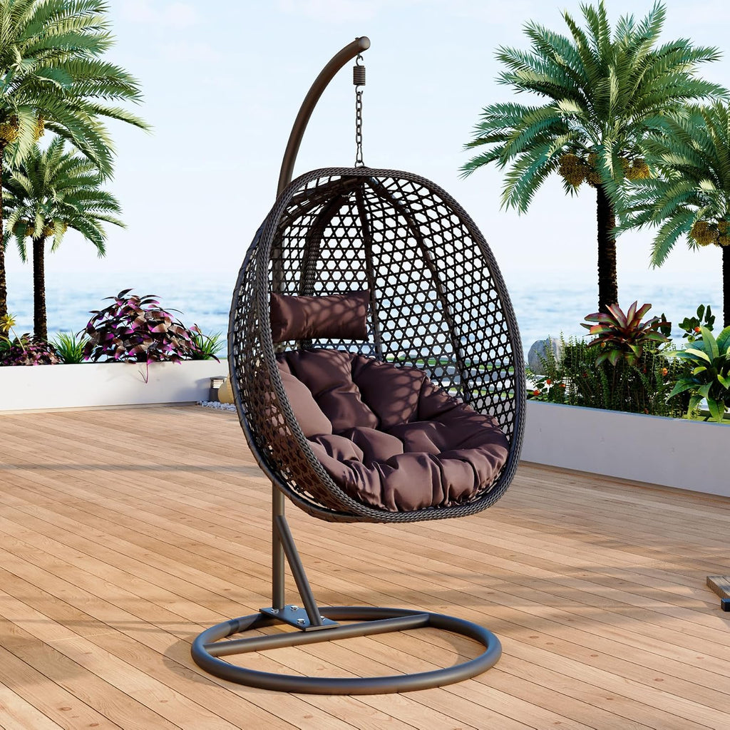 Egg Swing Chair Outdoor with Stand, Hanging Egg Rattan Basket Chair with Cushion and Pillow, Lounge Chair, Foldable Basket and Metal Stand for Porch, Patio, Bedroom, Balcony,Yard (Black)
