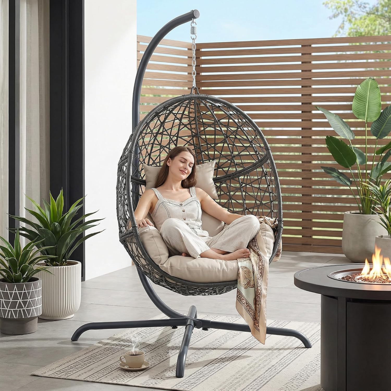 RADIATA Oversized Hanging Egg Chair with Stand, Large Indoor Outdoor Swing Chair with Cushion, 350lbs Wicker Bird Nest Eggshell Basket Chairs, Patio Swinging Hammock Chair for Bedroom Garden, Beige