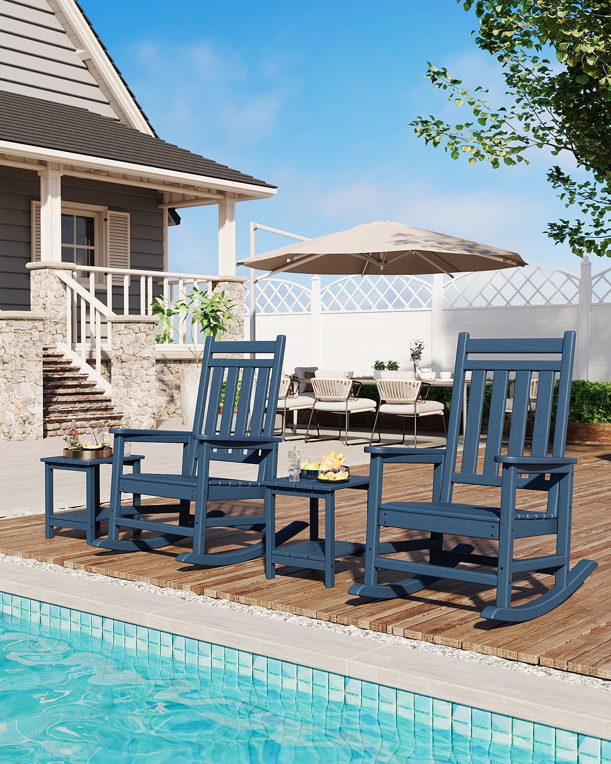 GarveeLife Poly Lumber Rocking Chair Outdoor Set of 2 - HDPE High Back Porch Rocker Chairs for Adults - All Weather Resistant Furniture for Patio - Navy Blue