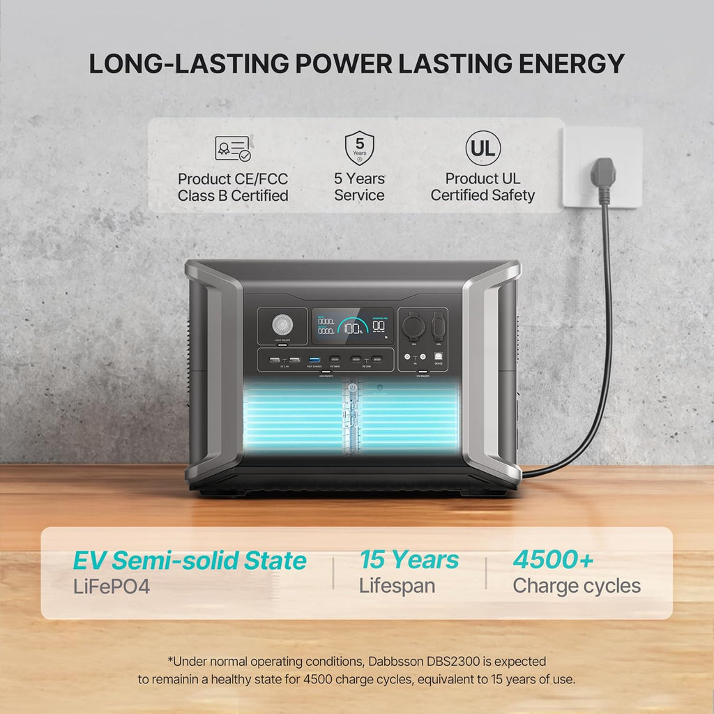 Dabbsson Portable Power Station DBS2300, 2330Wh EV Semi-solid State LiFePO4 Home Battery Backup, Max 8330Wh, 5×2200W AC Outlets, Solar Generator for Camping, Home Backup, Emergency, RV