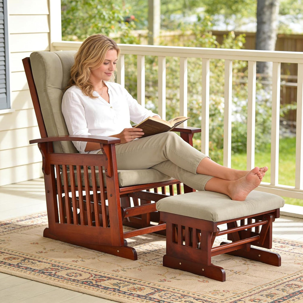 Solid Wood Glider Rocking Chair and Ottoman Set, Rustic Nursery Glider Rocker with Padded Cushion, Smooth Rocking Motion Indoor Living Room Nursing，Napping，Reading, Brown