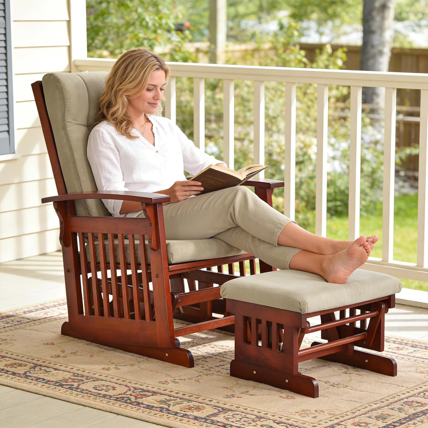 Solid Wood Glider Rocking Chair and Ottoman Set, Rustic Nursery Glider Rocker with Padded Cushion, Smooth Rocking Motion Indoor Living Room Nursing，Napping，Reading, Brown