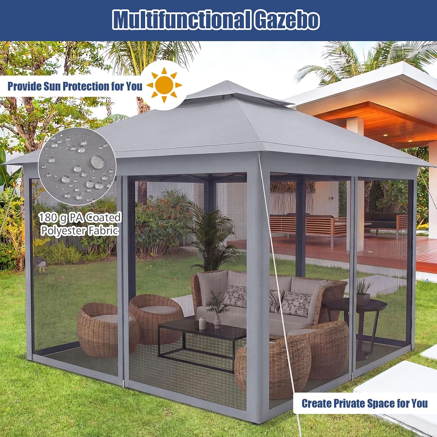 Tangkula 11x11 Ft Pop up Gazebo, 2-Tier Outdoor Patio Gazebo with Netting, Carry Bag, 121 Square Feet of Shade for Backyard, Deck, Poolside