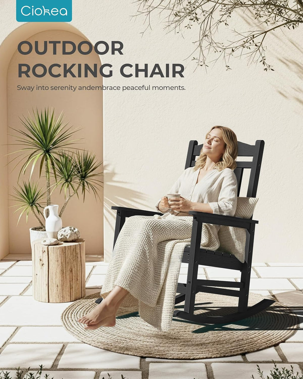 Ciokea Oversized Outdoor Rocking Chairs Set of 8, 380lbs Heavy-Duty Large Patio Rocker, High Back Cozy Porch Chairs, Weather Resistant Patio Rocking Chairs for Outside, Fire Pit, Deck, Black