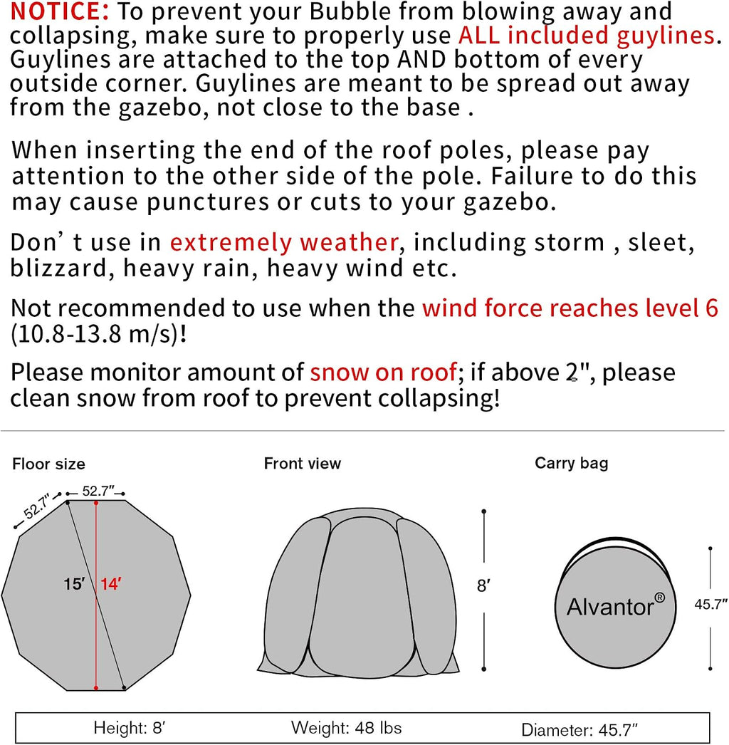 Alvantor® Pop Up Bubble Tent® - 15' x 15' Instant Igloo Tent® - 12-15 Person Screen House for Patios - Large Oversize Weather Proof Pod - Cold Protection Camping - Beige