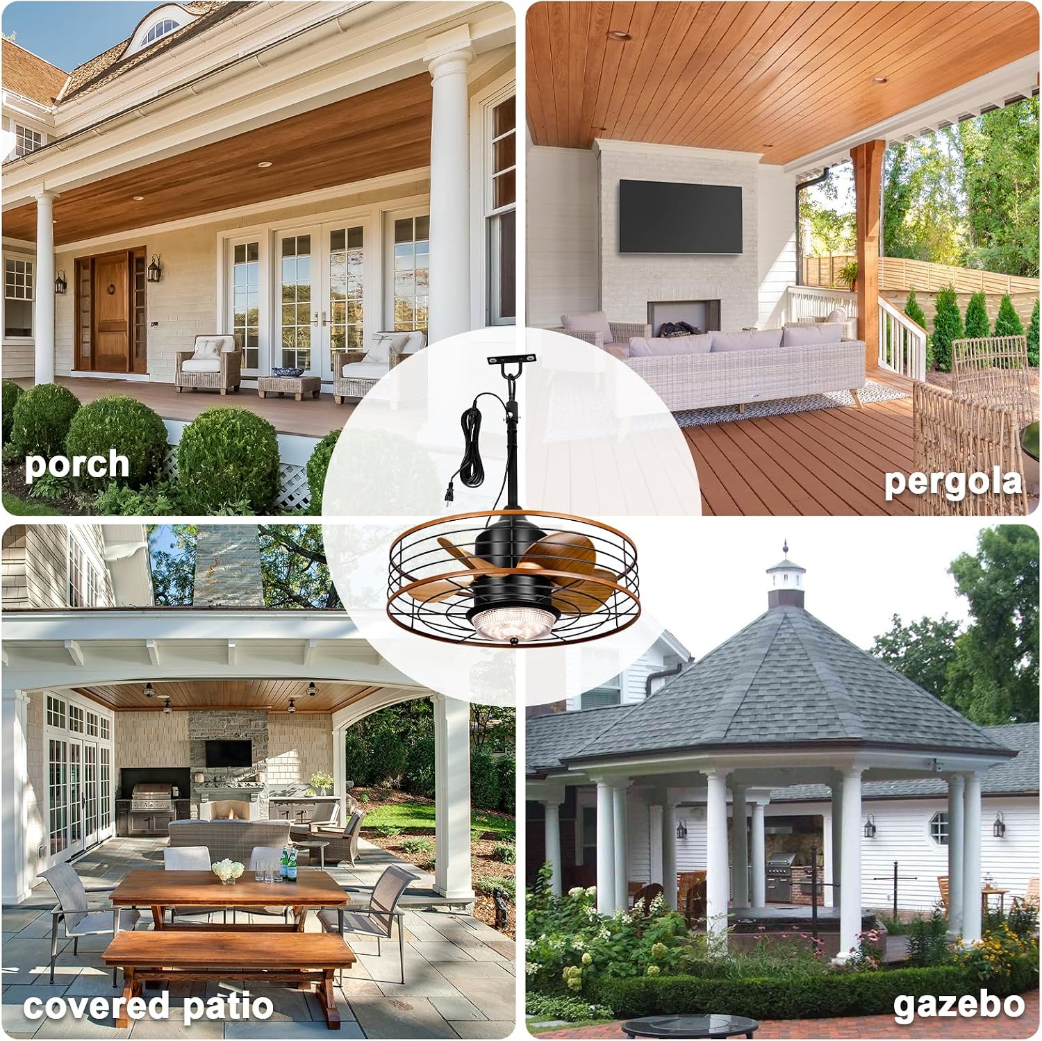 20' Outdoor Ceiling Fan with Light for Patios Waterproof Caged Gazebo Fans Outdoor Hanging Lighting with Plug-in Cord, Dimmable LED, Remote APP Control, 6 Speeds for Pergola Porch Gazebo (Brown)
