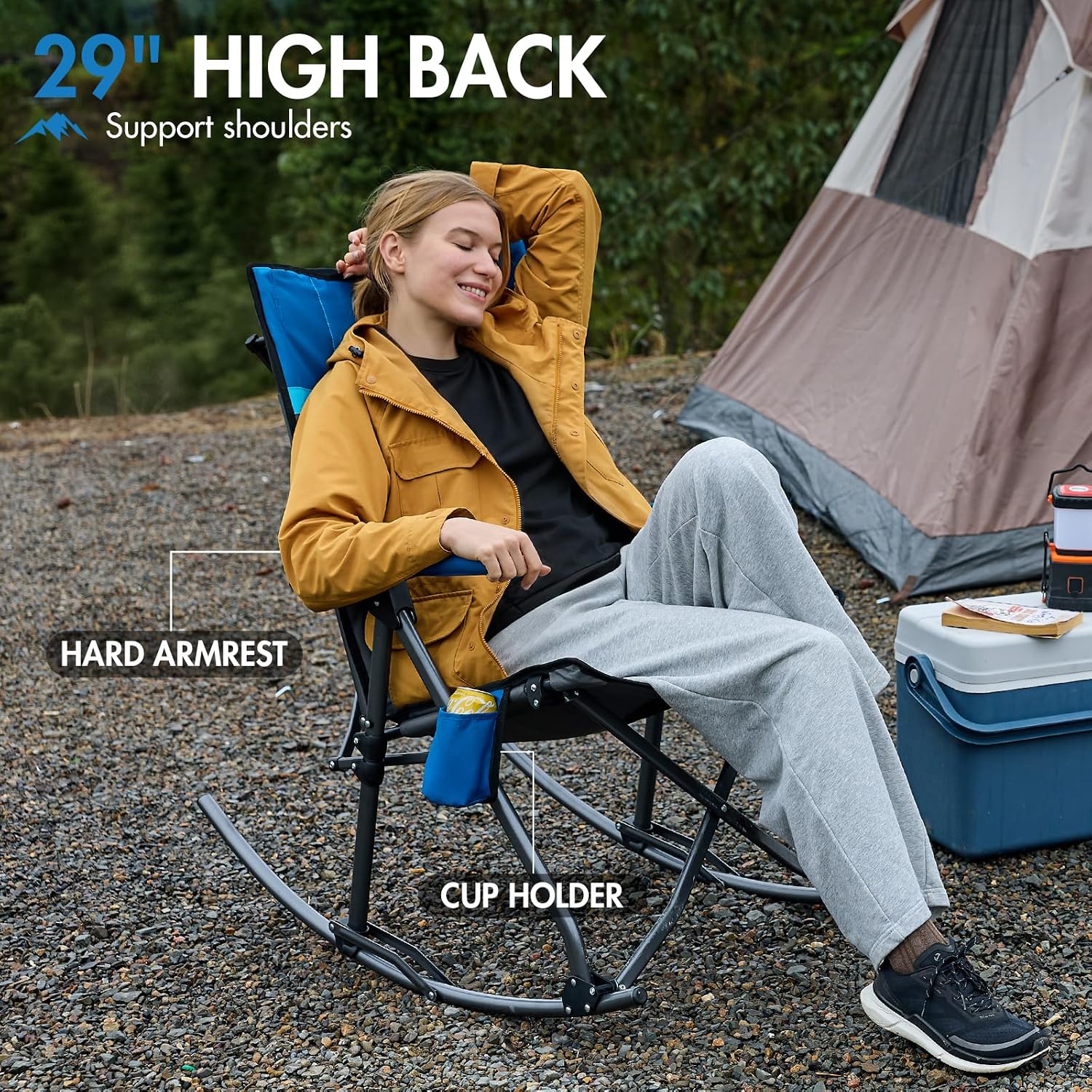 Portal Oversized Folding Rocking Camping Chair Portable Outdoor Rocker with High Back Hard Armrests Carry Bag, Supports 400 lbs, Padded Back, Grey&Blue,2Pack