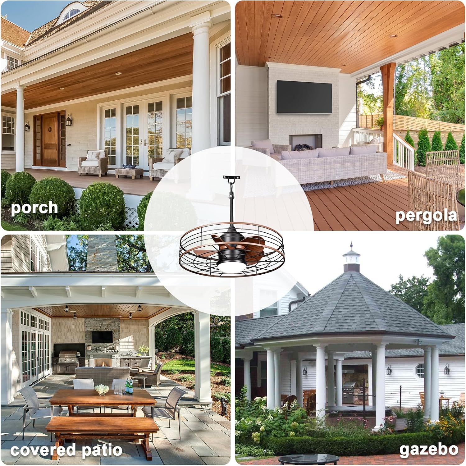 24' Waterproof Gazebo Ceiling Fan with Light Caged Outdoor Hanging Fan for Patios with Plug-in Cord, Dimmable LED, APP Remote Control, 6 Speeds for Pergola Porch Gazebo