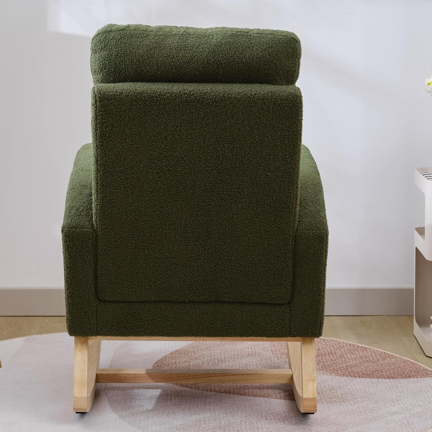 Nursery Rocking Chair with Solid Wood Legs, Glider Chair for Nursery with Side Pocket, Rocker Armchair for Living Room Bedroom (Dark Green, Teddy Fabric)