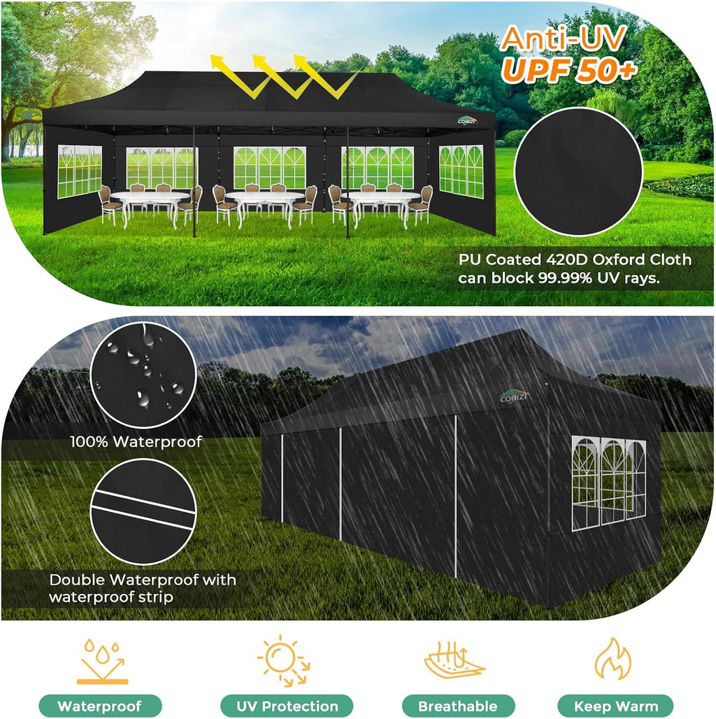 COBIZI Heavy Duty 10x30 pop up Canopy, Commercial10x30 Party Tent for Parties Waterproof Gazebos with 8 Sidewalls, All Season Wind & Waterproof UPF50+,Stable Thickened Frame, Black