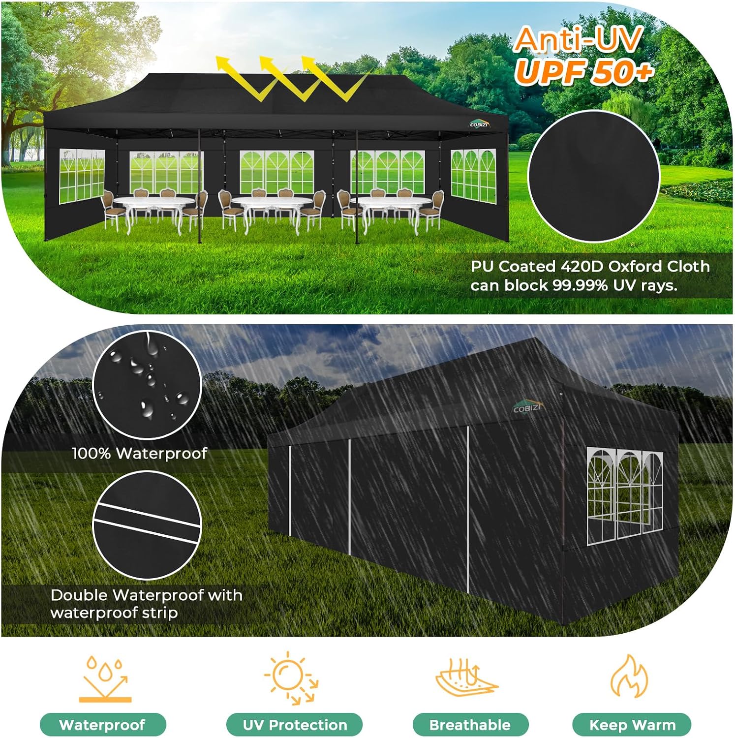 COBIZI Heavy Duty 10x30 pop up Canopy, Commercial10x30 Party Tent for Parties Waterproof Gazebos with 8 Sidewalls, All Season Wind & Waterproof UPF50+,Stable Thickened Frame, Black