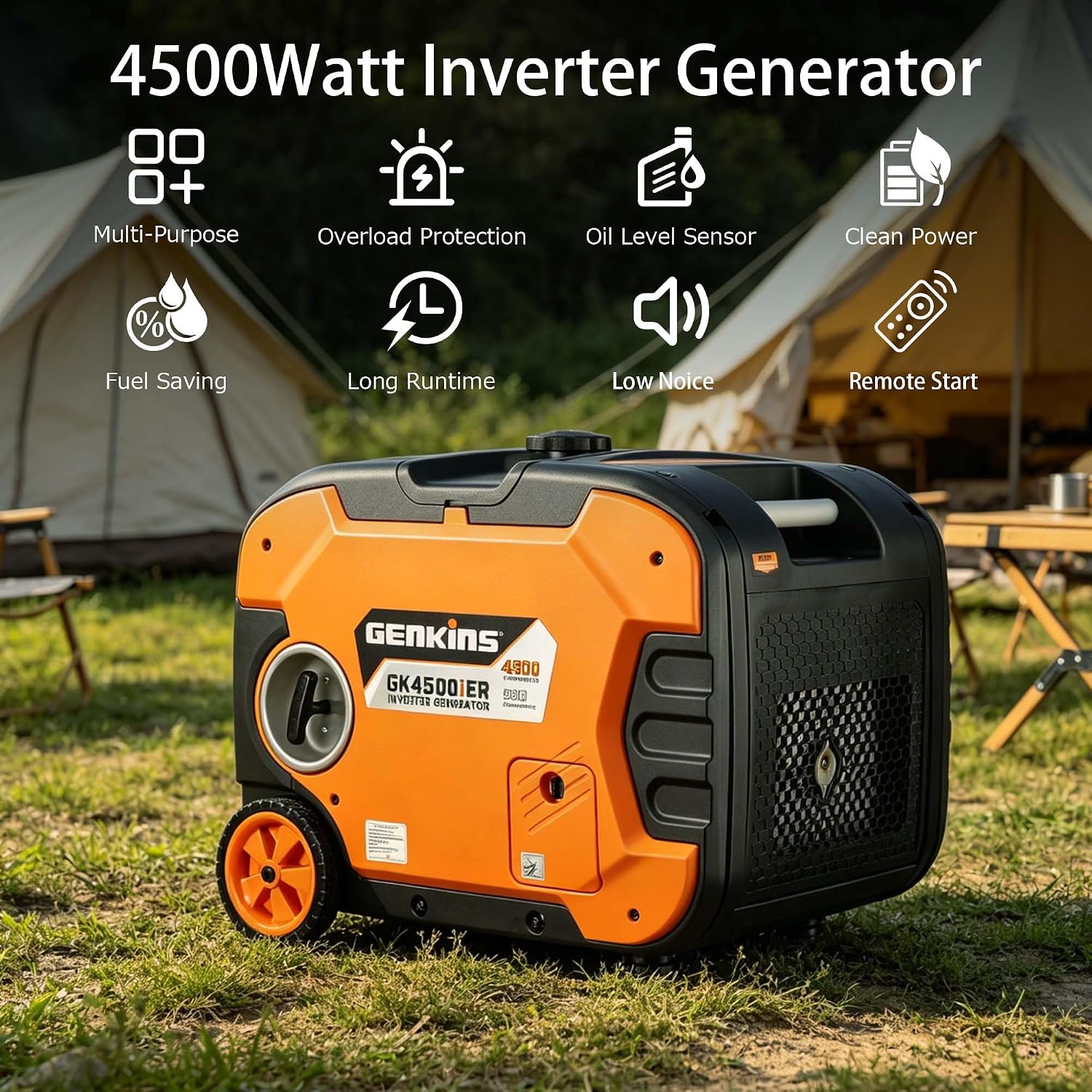 Genkins 4500W Portable Inverter Generator Gas Powered Pure Sine Wave Lightweight Quiet Electric and Remote Start Parallel Capability for Camping RV Home Backup
