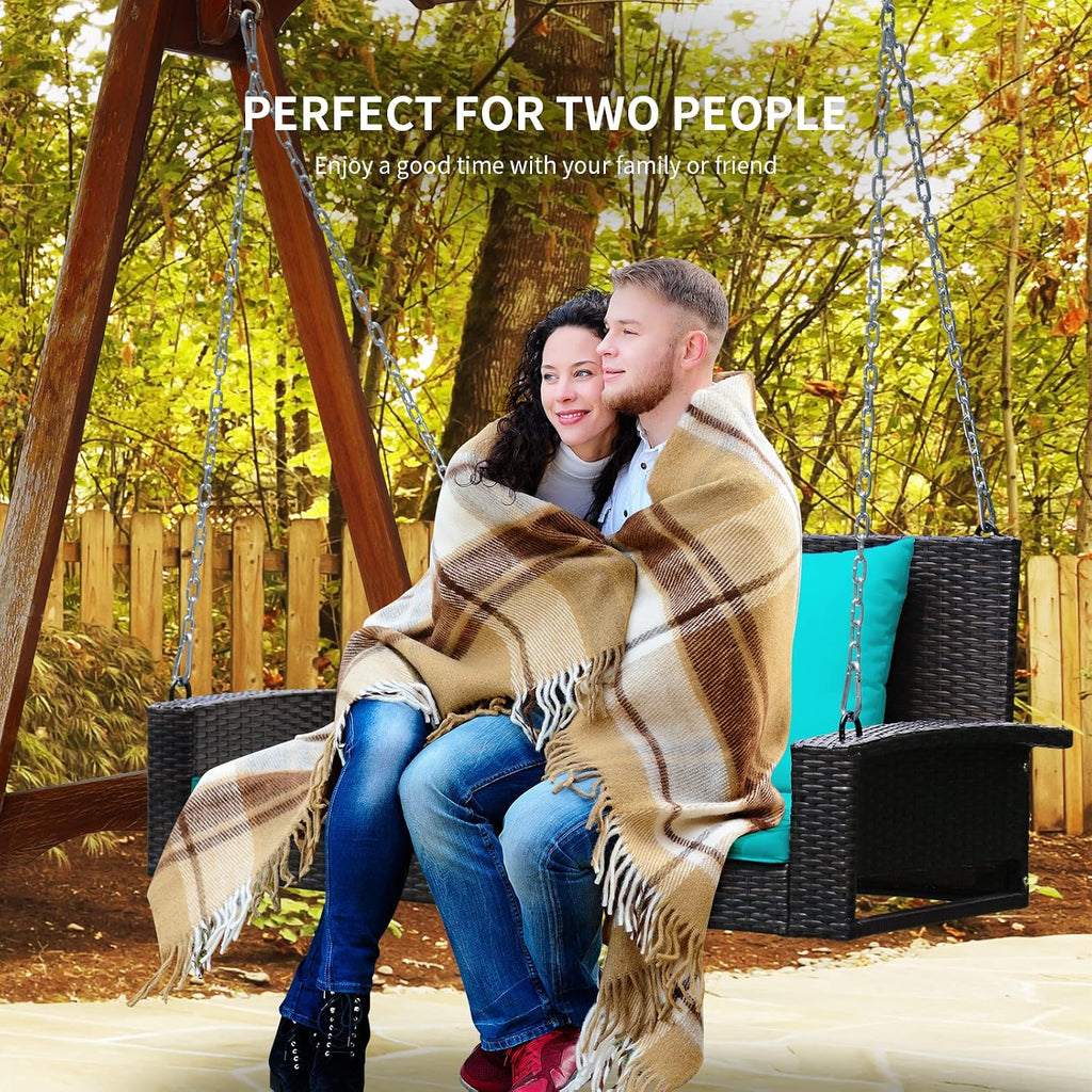 RELAX4LIFE Porch Swing 2-Seat Patio Rattan, Wicker Porch Swings Outdoor W/Two 7.9 Ft Solid Steel Chain, Comfortable Back & Seat Cushions, for Front Porch, Garden, Backyard Patio Swing (Turquoise)