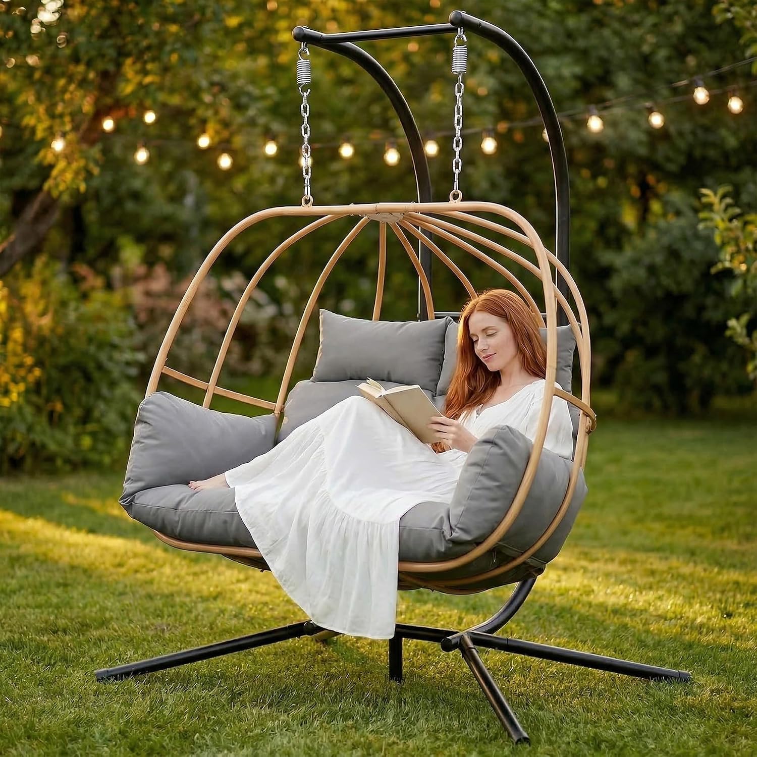 Double Egg Swing Chair Outdoor, 2 Person Egg Chair Outdoor with Cushions, Imitation Rattan Hanging Egg Chairs Basket, Hanging Chairs with Stand, Metal Nest Swing Egg Chair for Balcony, Grey