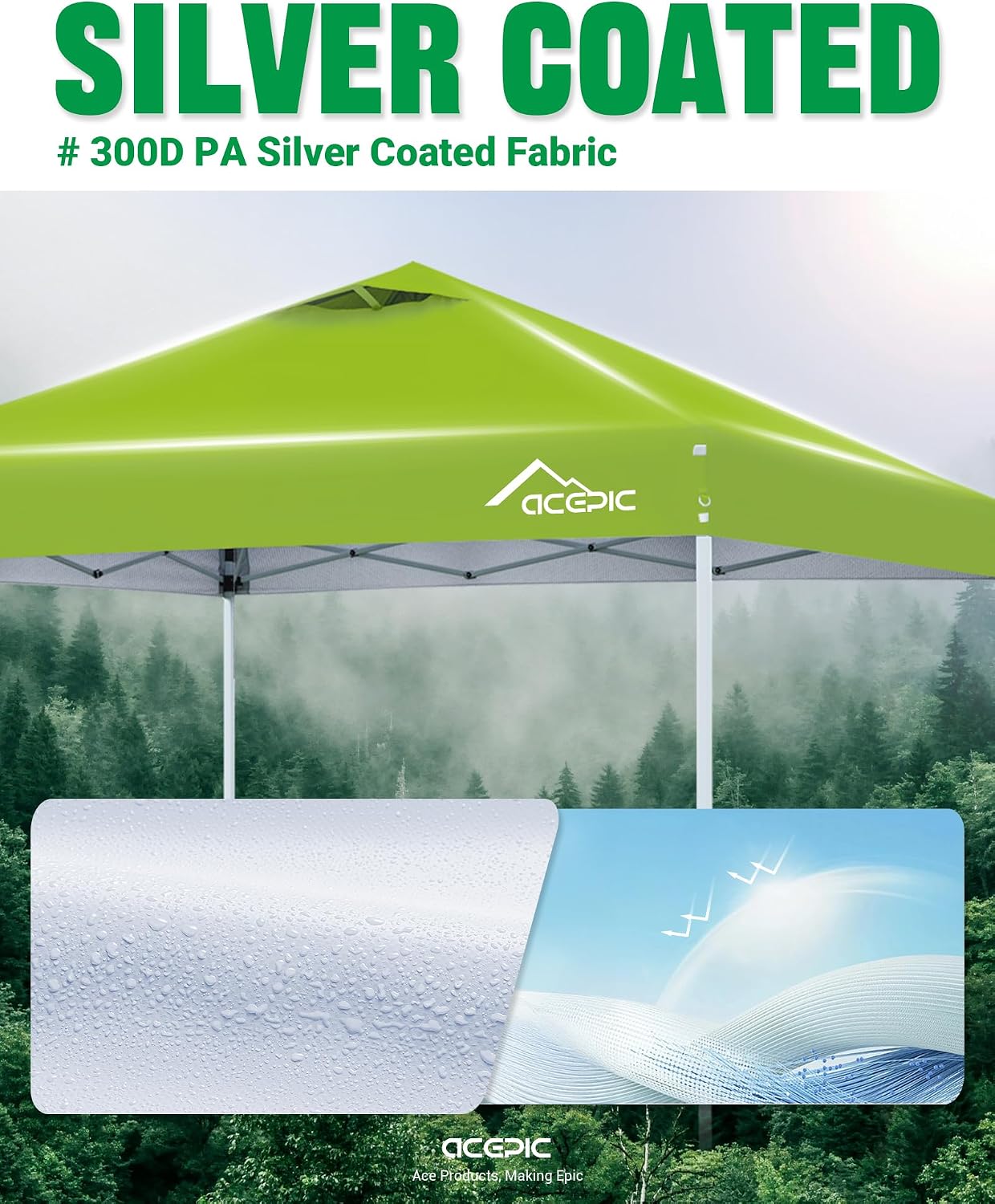 Acepic 10x10 Pop Up Canopy Tent,300D Silver-Coating Top,Pop Up Canopy Tent Instant Portable Shelter with 1-Button Push and Wheel Carry Bag, 8 Stakes and 4 Canopy Weights (Radiant Green, 10x10)