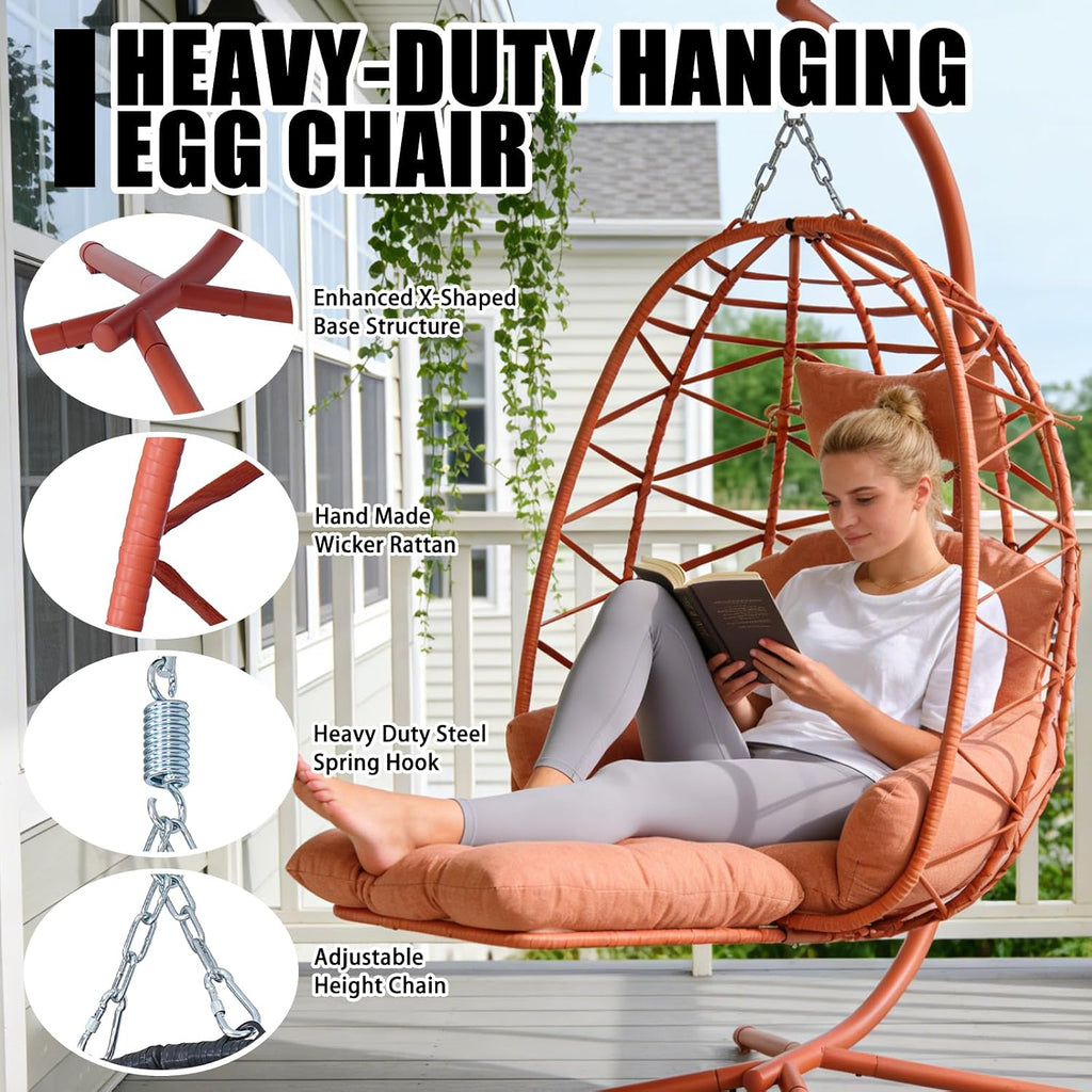 Hanging Egg Chair with Stand & Leg Rest,Rattan Wicker Swing Chair with Cushion,Patio Basket Hanging Chair Wicker Hammock Chair for Indoor Outdoor Bedroom Garden,300LBS (Orange-Red Rattan&Cushion)