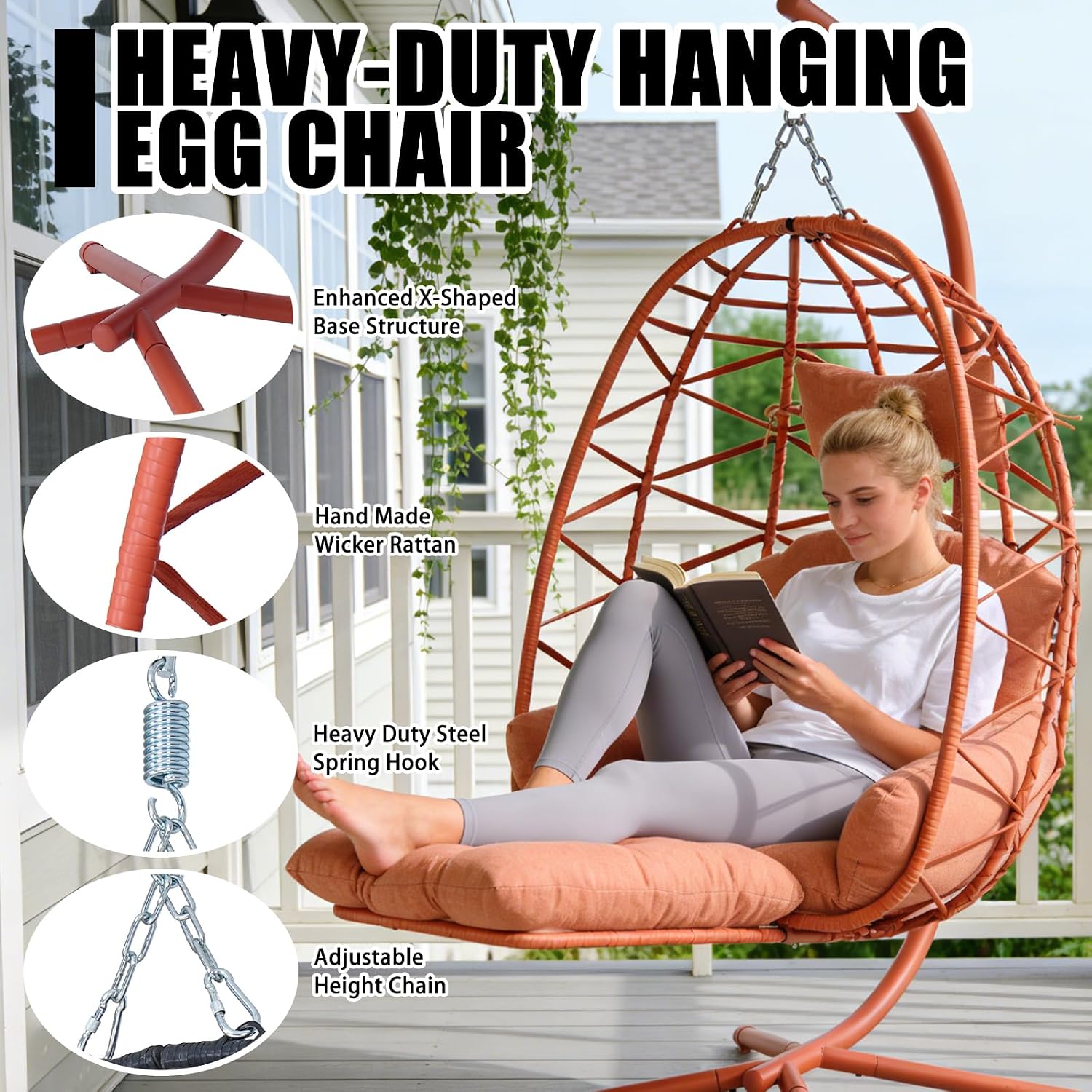 Hanging Egg Chair with Stand & Leg Rest,Rattan Wicker Swing Chair with Cushion,Patio Basket Hanging Chair Wicker Hammock Chair for Indoor Outdoor Bedroom Garden,300LBS (Orange-Red Rattan&Cushion)