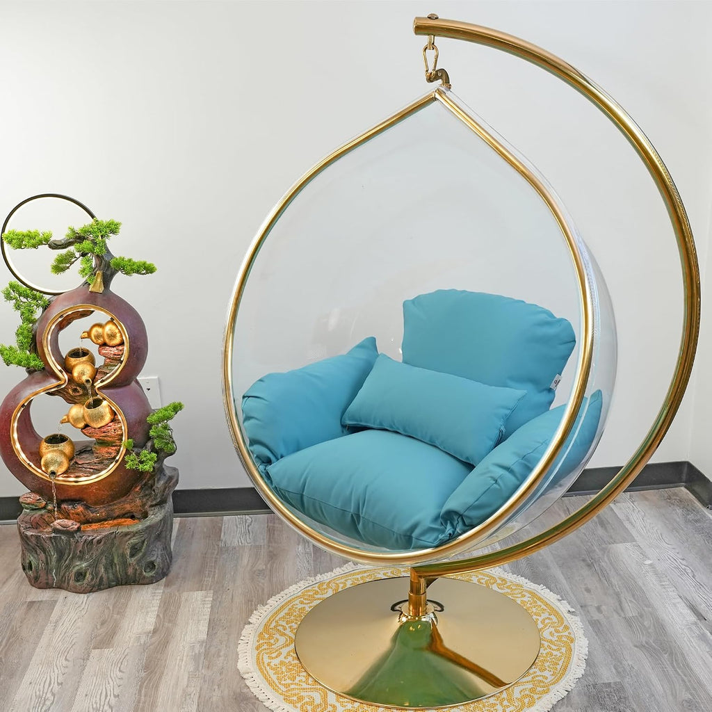 Hanging Chair - Transparent Acrylic Bubble, Waterdrop Shape, Indoor Swing Chair with Gold/Chrome Stand, Durable Fabric Cushion - Luxury Accent for Living Room, Bedroom (Gold/Blue)