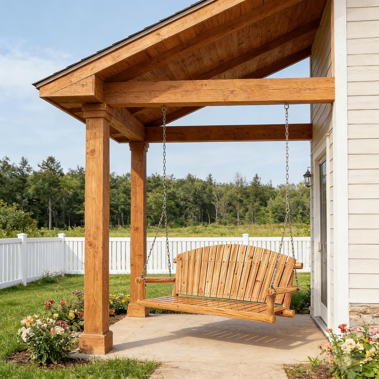 Outdoor Porch Swing Front Porch Hanging Wooden Bench Swing 3 Seat Chair for Garden, Patio, Backyard, Playground, Log Wood 800Lbs, 5 Ft, Lightly Toasted