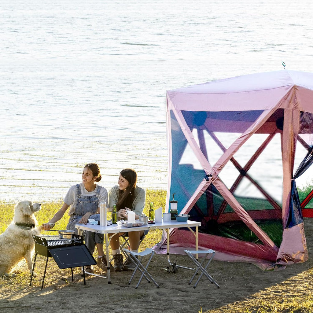 Backyard Expressions 12' x 12' Pop Up 6 Sided Portable Hub Gazebo Screen Canopy Tent with Ground Stakes & Carry Bag