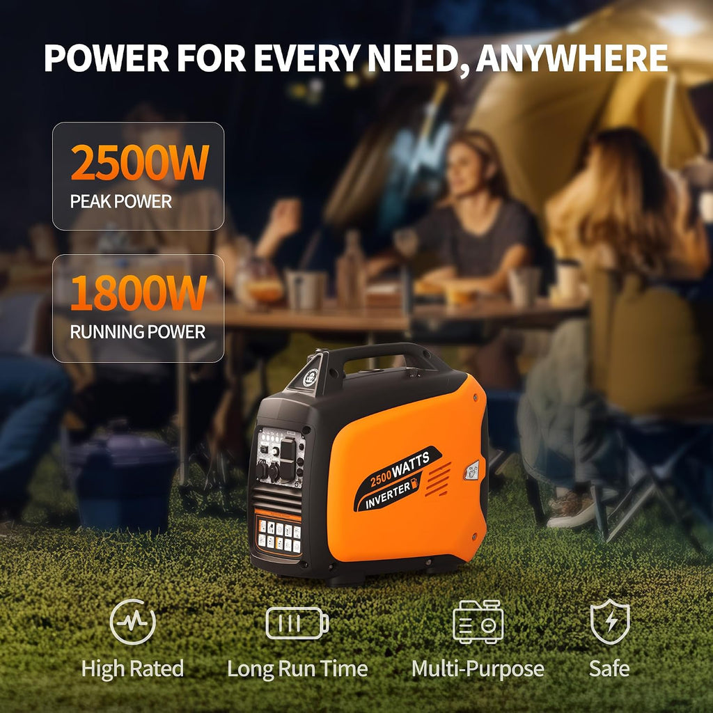2500W Portable Inverter Generator, Super Quiet Long Runtime Gas Generator for Home Use, with CO Sensor, Parallel Capable, for Camping, RV, Tailgating, Emergency Backup, EPA Compliant (Orange)