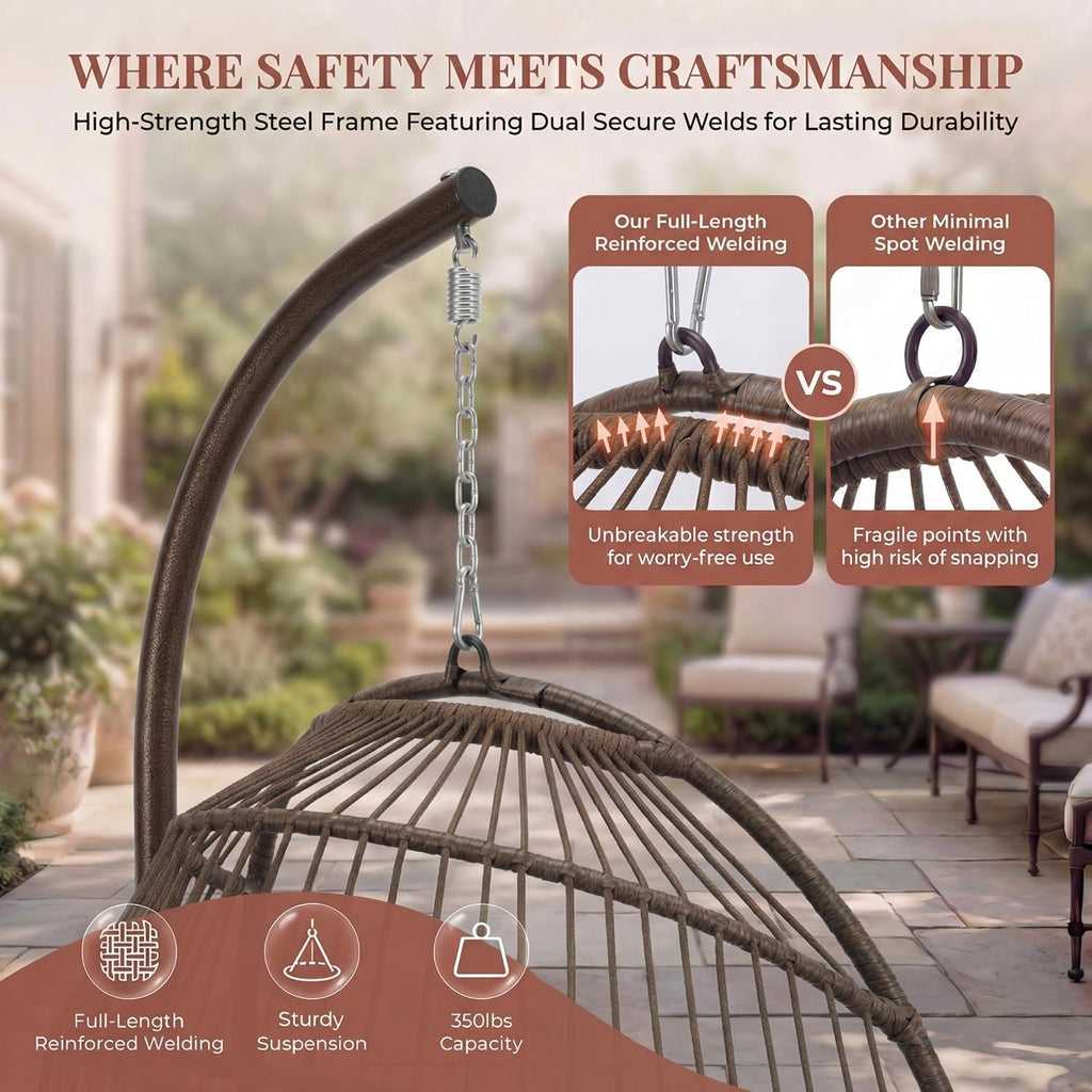 NICESOUL Swing Egg Chair Indoor Outdoor, Patio Wicker Hanging Chair with Stand, All Weather Egg Hammock Chairs with Cushions, 350lbs Durable Birthday Gift Swinging Chair for Backyard Balcony, Brown