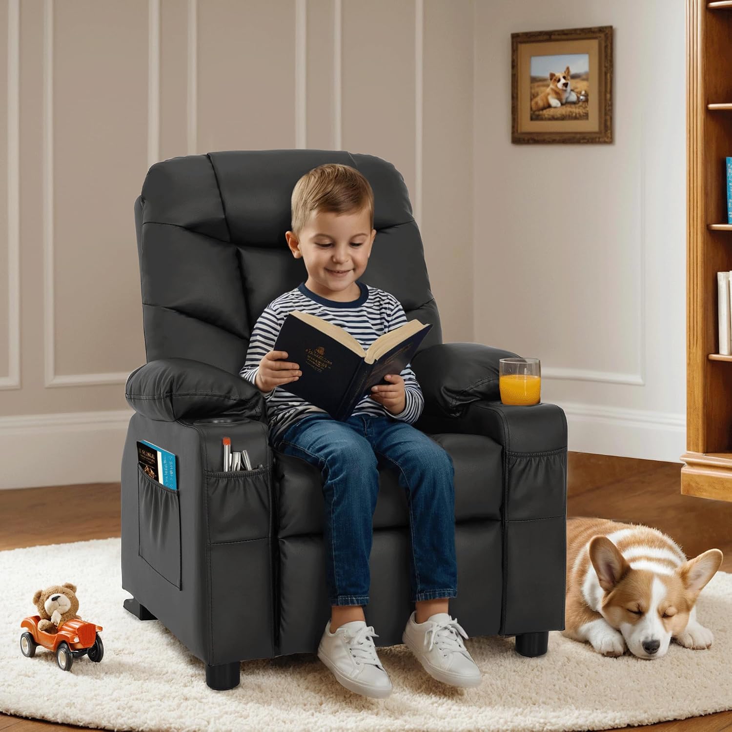 MCombo Big Kids Recliner for Ages 3+, Child Reclining Chair, Toddlers Recliner Sofa with Cup Holders (Faux Leather, Black)