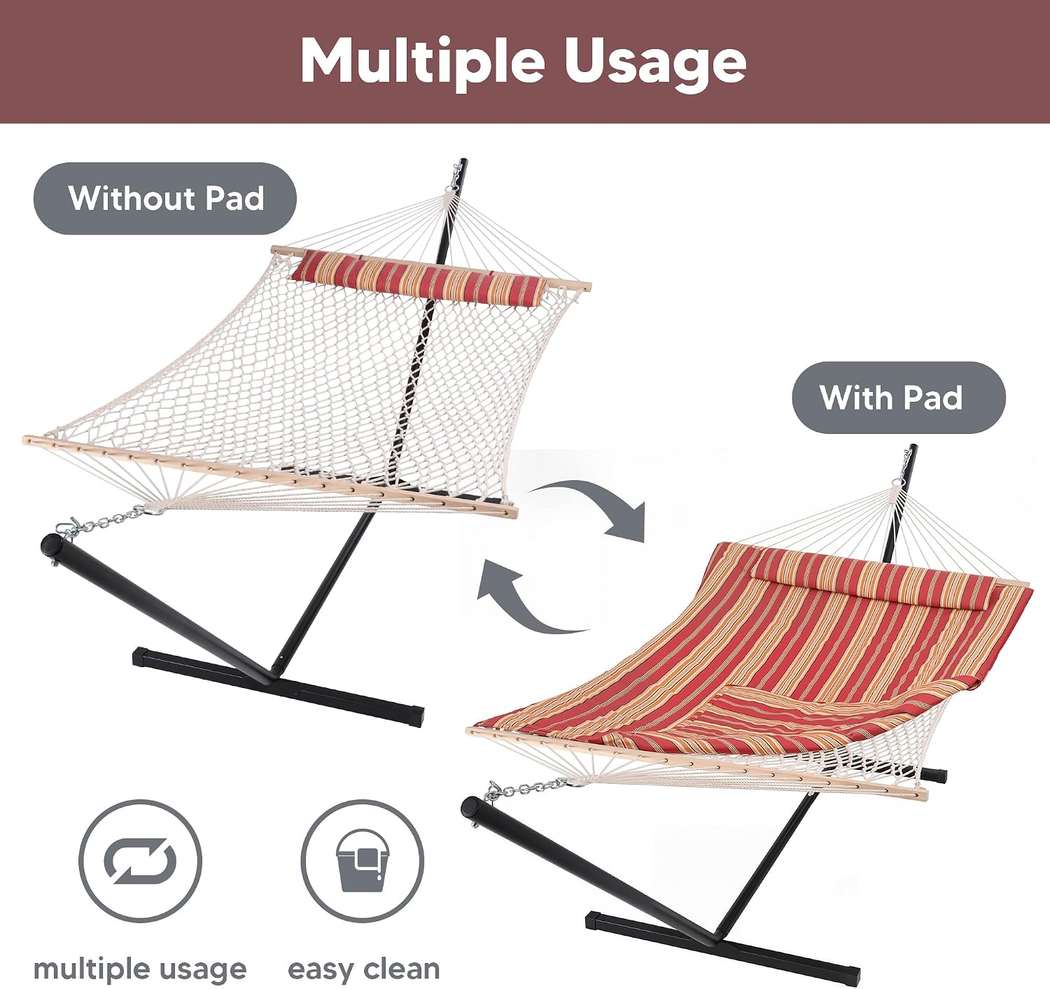 SUNCREAT Hammocks Portable Hammock with Stand, Carrying Bag, Hammock with Stand 2 Person Heavy Duty for Bedroom, Backyard, Patio, Balcony, Red Stripe